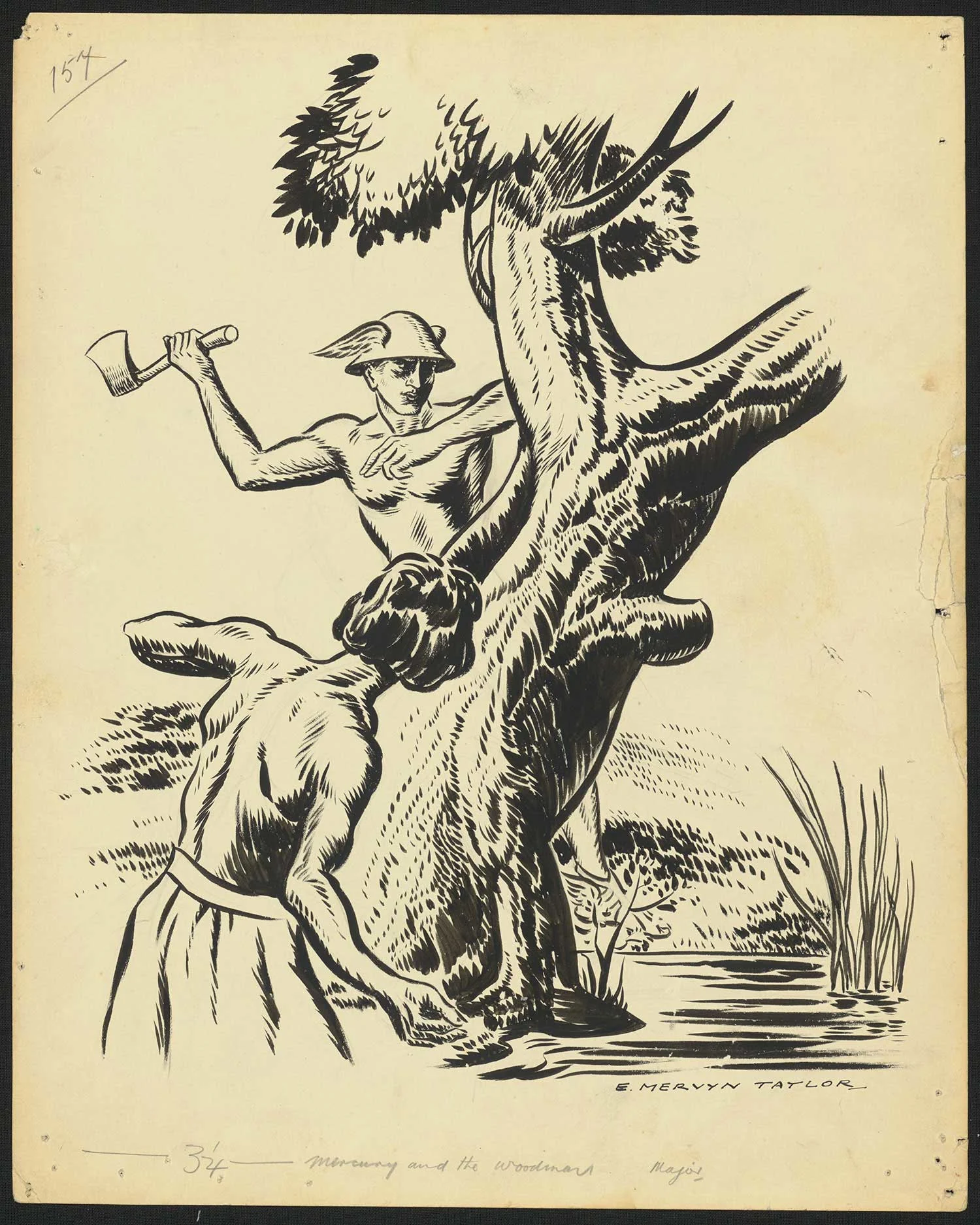 Black print on an old yellowed paper showing a man wearing a hat and holding an axe in front of a tree, another man standing in the front