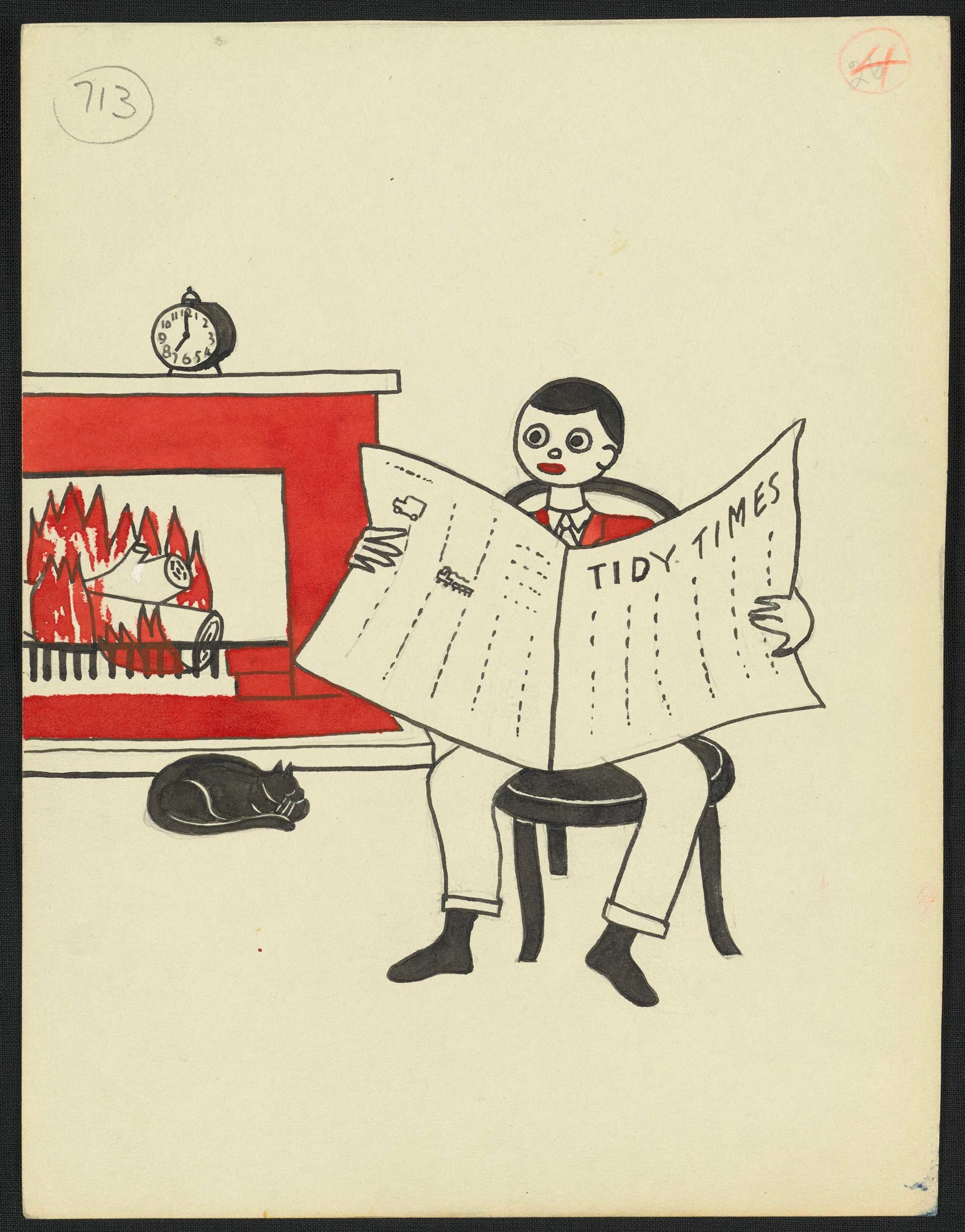An Illustration of a young boy sitting on a chair holding and reading a newspaper, with a fireplace painted red on his right.  A black cat is sitting in front of the fireplace.