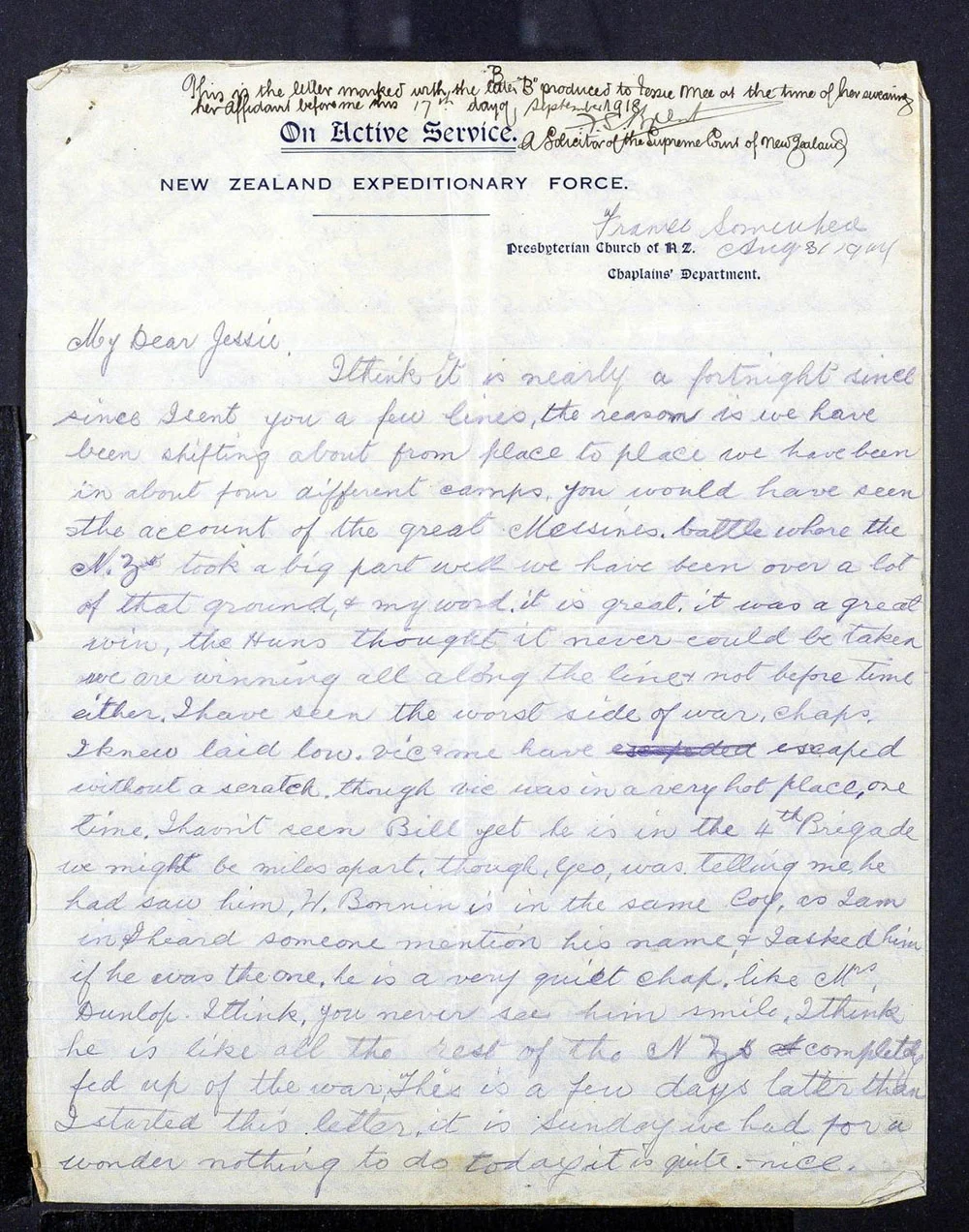 Alexander Mee letters to Jessie - 31 August 1917 - Page 1