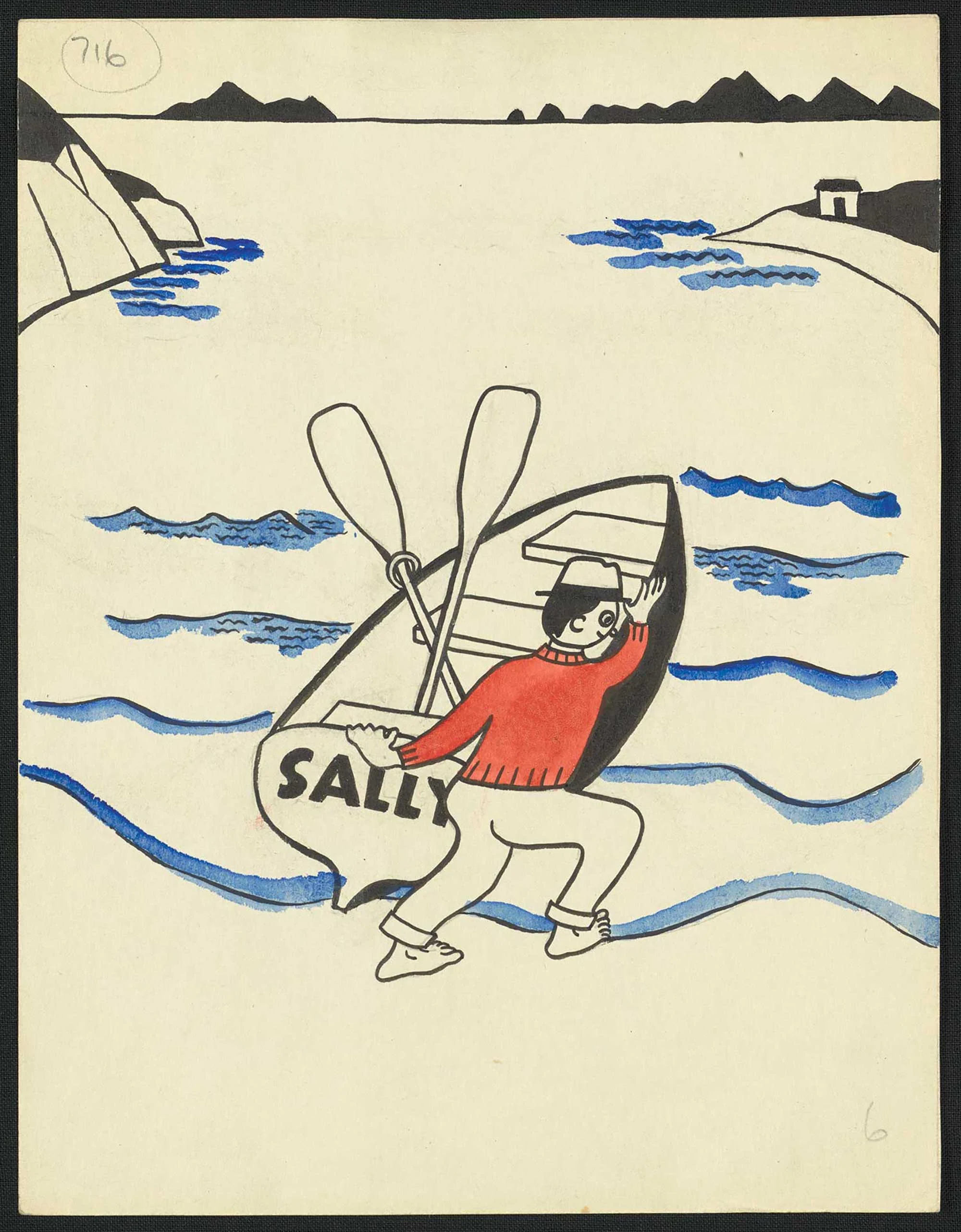An illustration of a young boy wearing a red coat, pushing a boat with two paddles in the water, word Sally written on the boat  