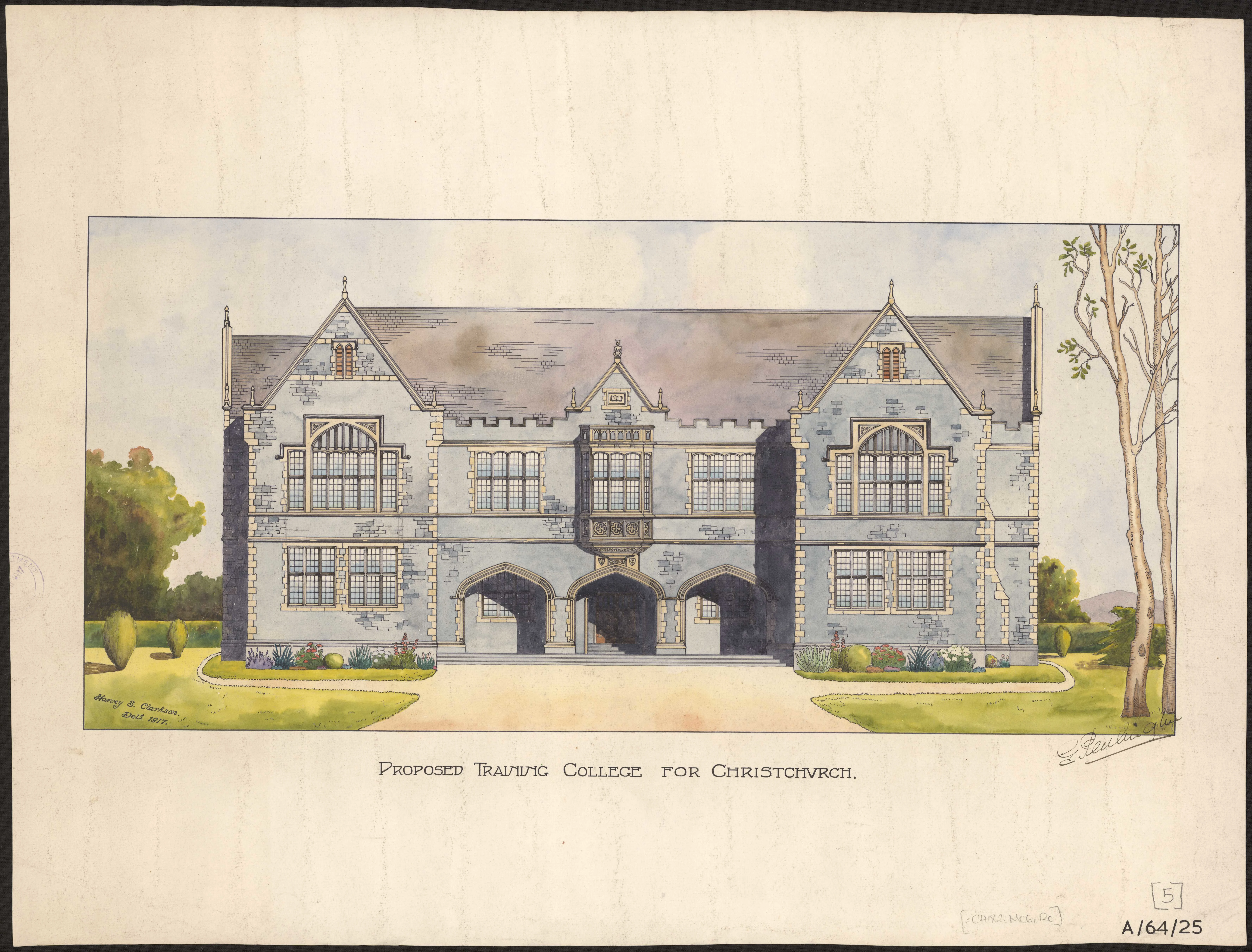drawing of a grey building with green trees on both sides