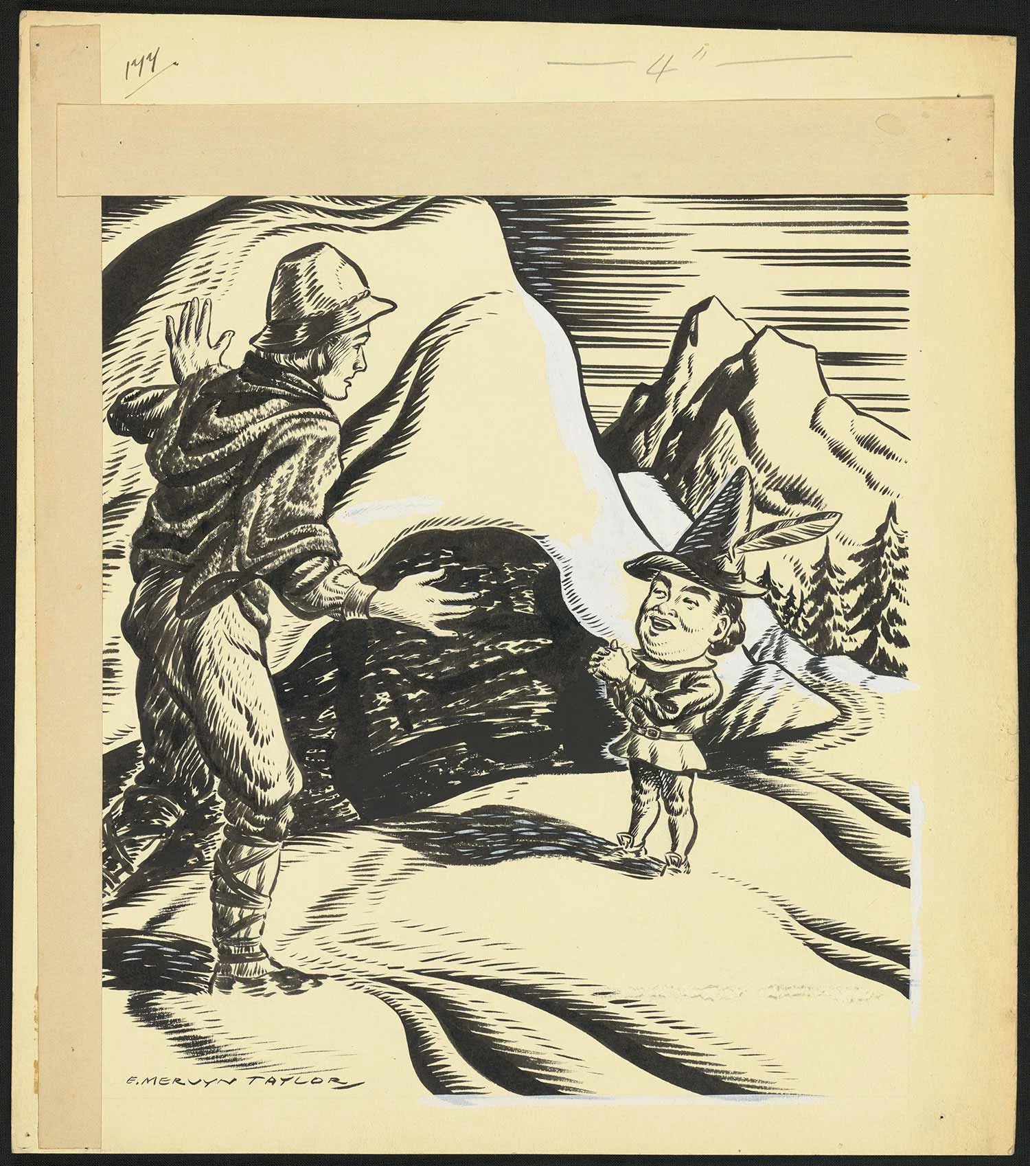 Black print on an old yellowed paper showing a dwarf wearing a pointed hat, standing in front of a cave and another man wearing a hat, cloak and boots on the left