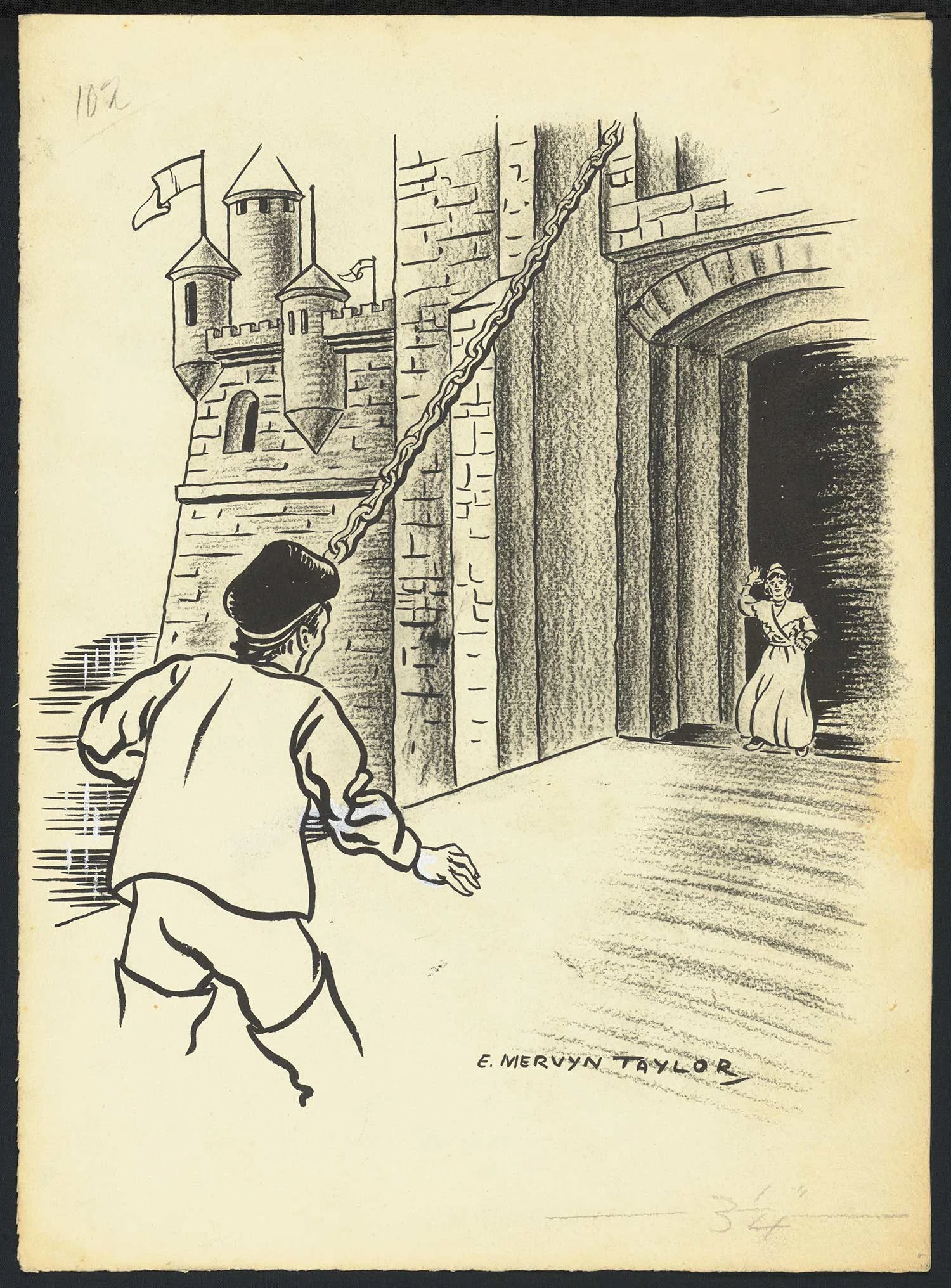 Black print on an old yellowed paper showing a bear climbing a man approaching a castle and a woman waiting at the entrance 