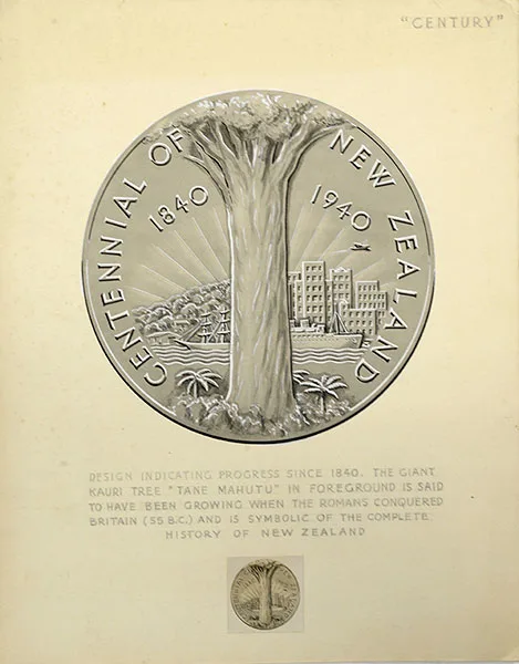 Detailed pencil drawing of a tall tree in a circle with talll buildings and bushes in the background, words written in a circle centenial New Zealand 1840-1940.