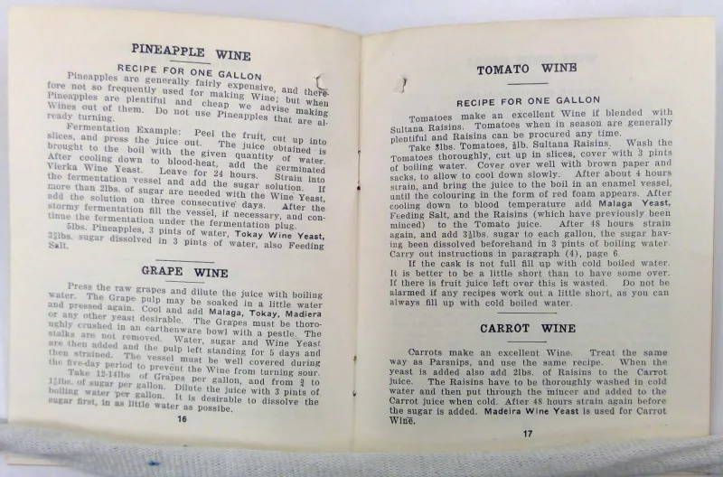 Excerpt from a winemaking booklet. Shown are recipes for pineapple, grape, tomato and carrot wine