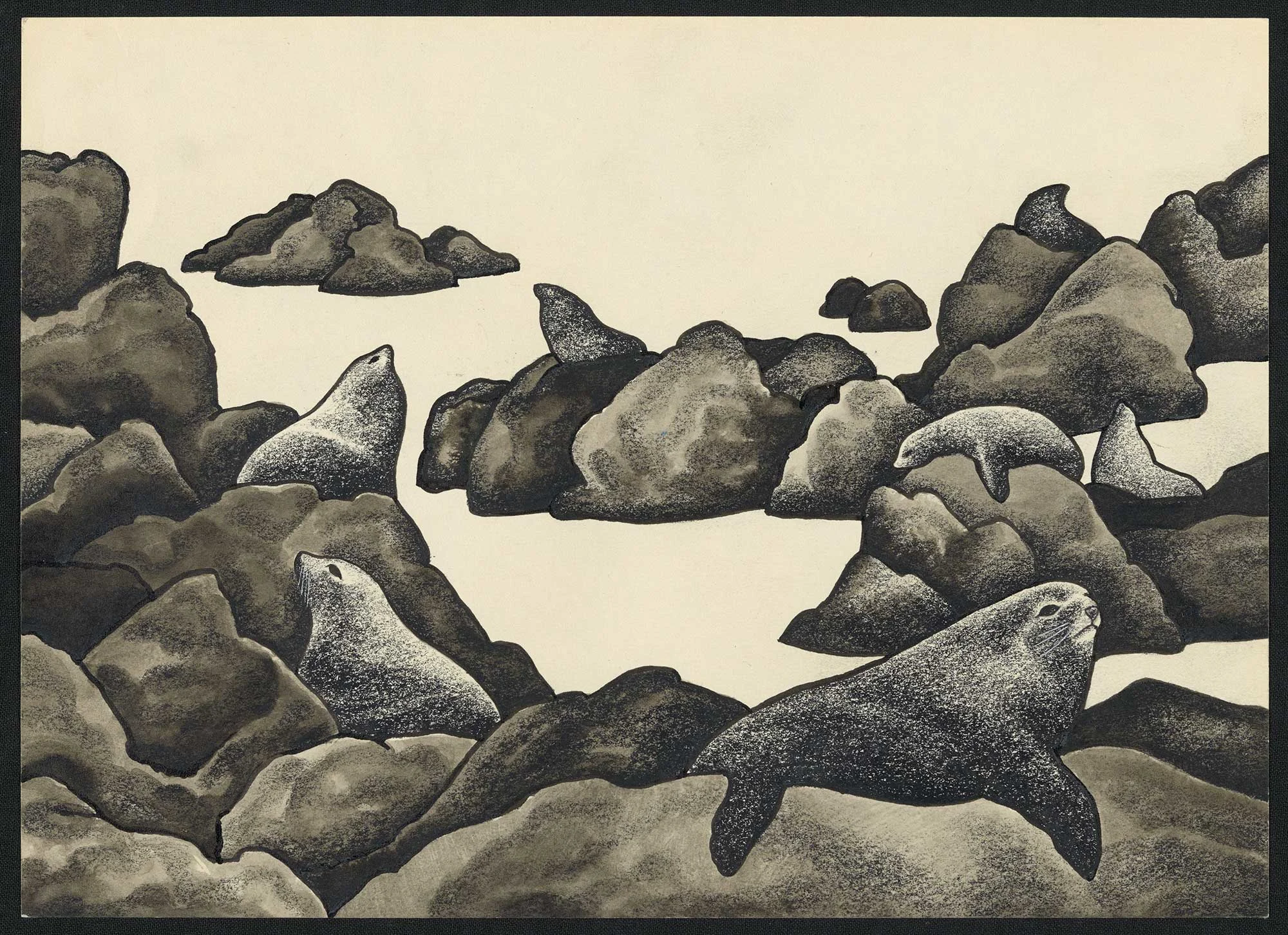 Black and white illustration of rocks by the sea and seals relaxing on the rocks  
