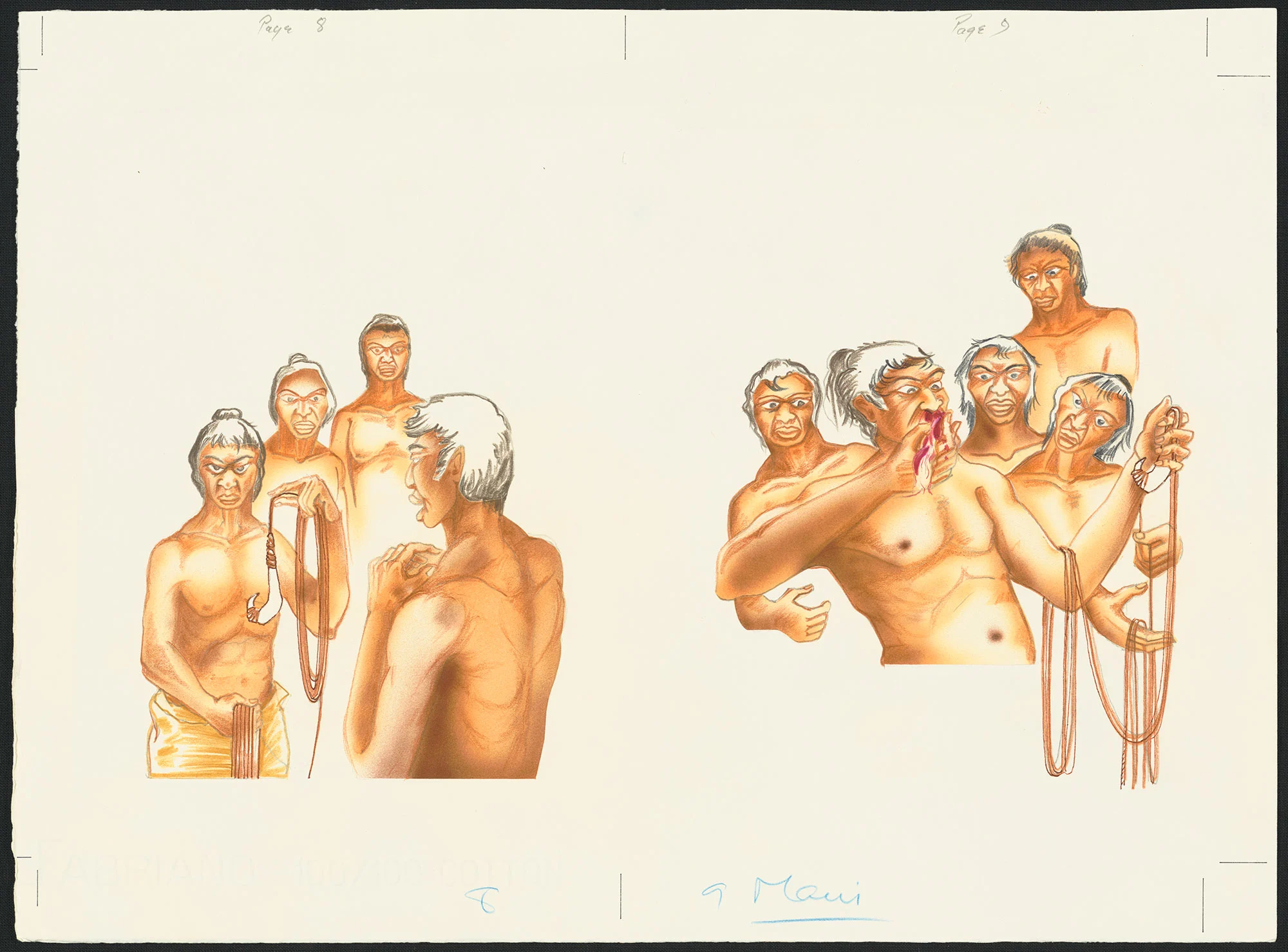 Two groups of Māori men and women, two of them holding a rope with a hook  