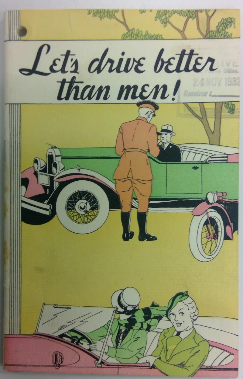 Illustrated cover of the booklet 'Lets Drive Better Than Men'.