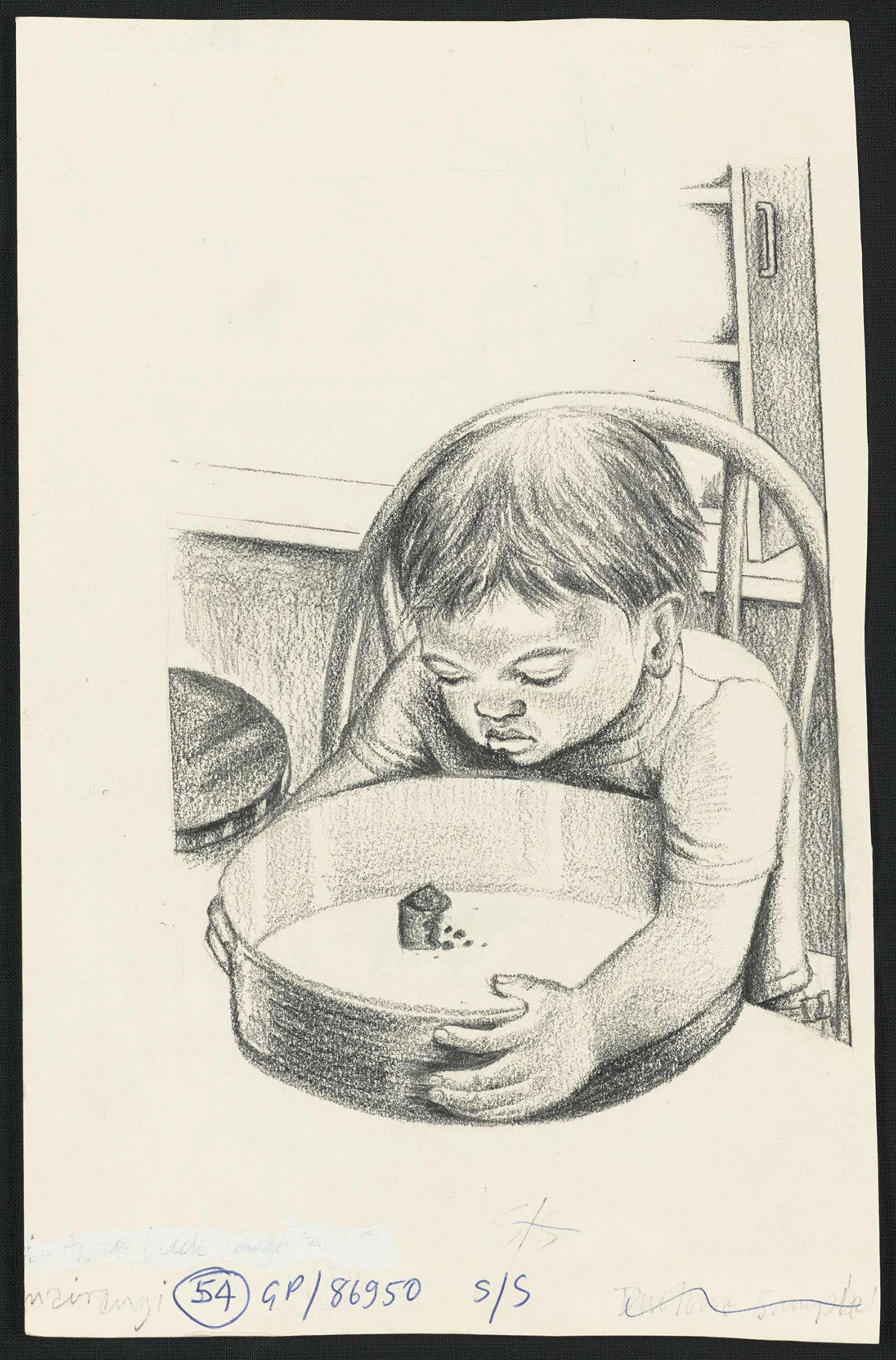 Pencil sketch of a young boy sitting on a chair, holding a big plate with a small piece of cake on an old yellowed paper
