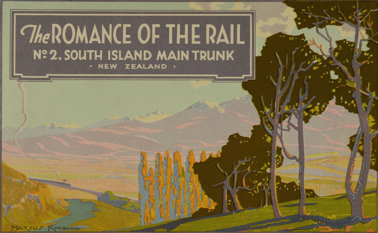 Poster of a hillside with trees and a train in the background