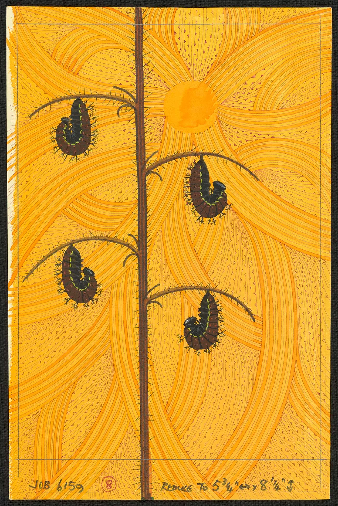 Coloured illustration of four bugs hanging from branches of a plant on a background of blue circular patterns