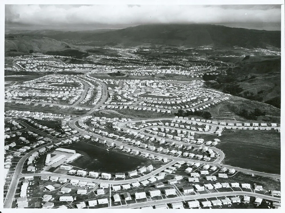 Aerial view of Porirua East and Cannons Creek looking South West towards Linden