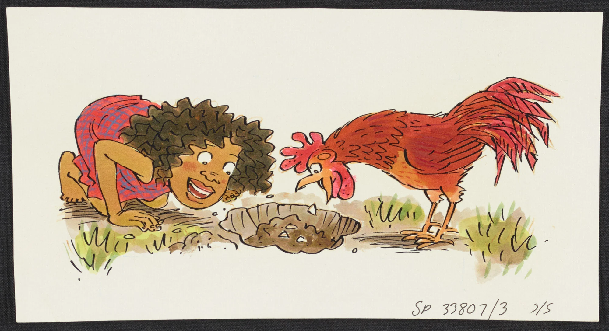 Coloured illustration of a girl with short curly hair and a red rooster, bending and looking at a hole in the ground