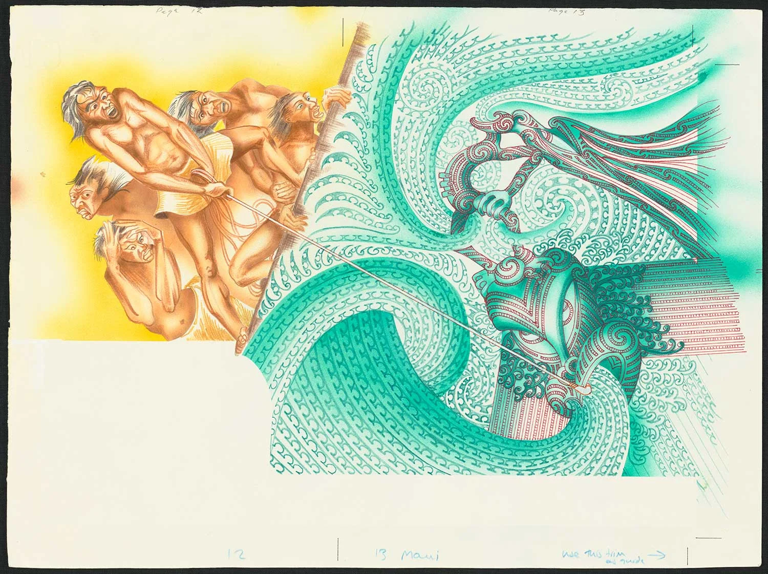 Coloured illustration of green circular patterns on the right, a group of men on the left on a boat pulling a fish hook