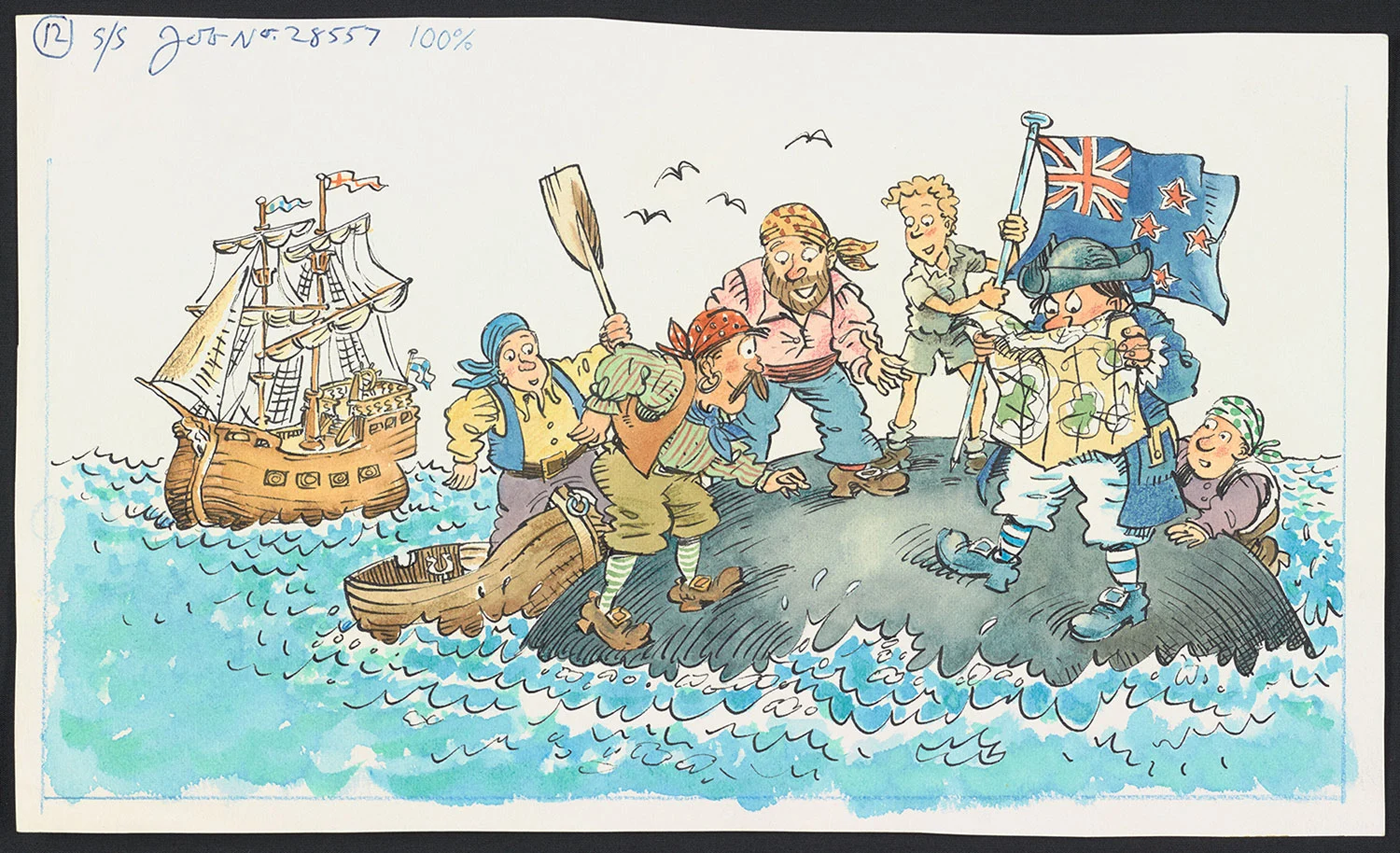 Coloured illustration of group of people dressed as pirates standing on a small island in the sea and a ship in the background