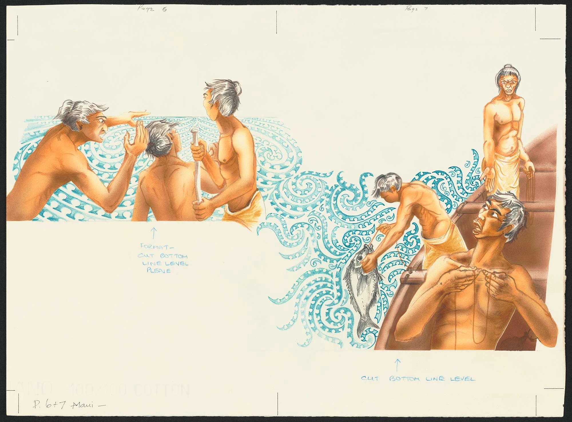 Coloured illustration of a group of Māori men in a boat fishing with blue circular patterns in the background