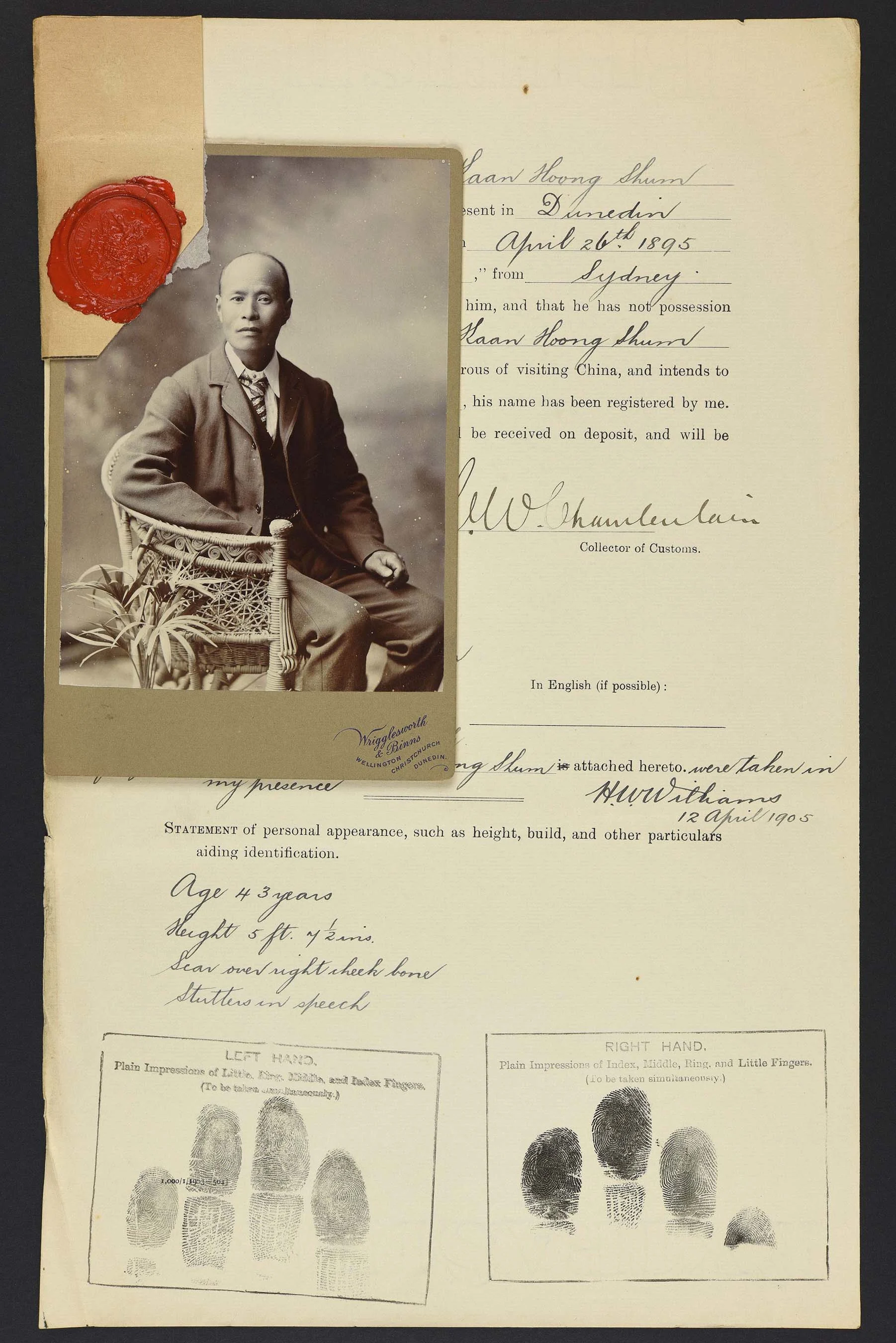 Sepia photo portrait of a seated Chinese man attached to his immigration papers.