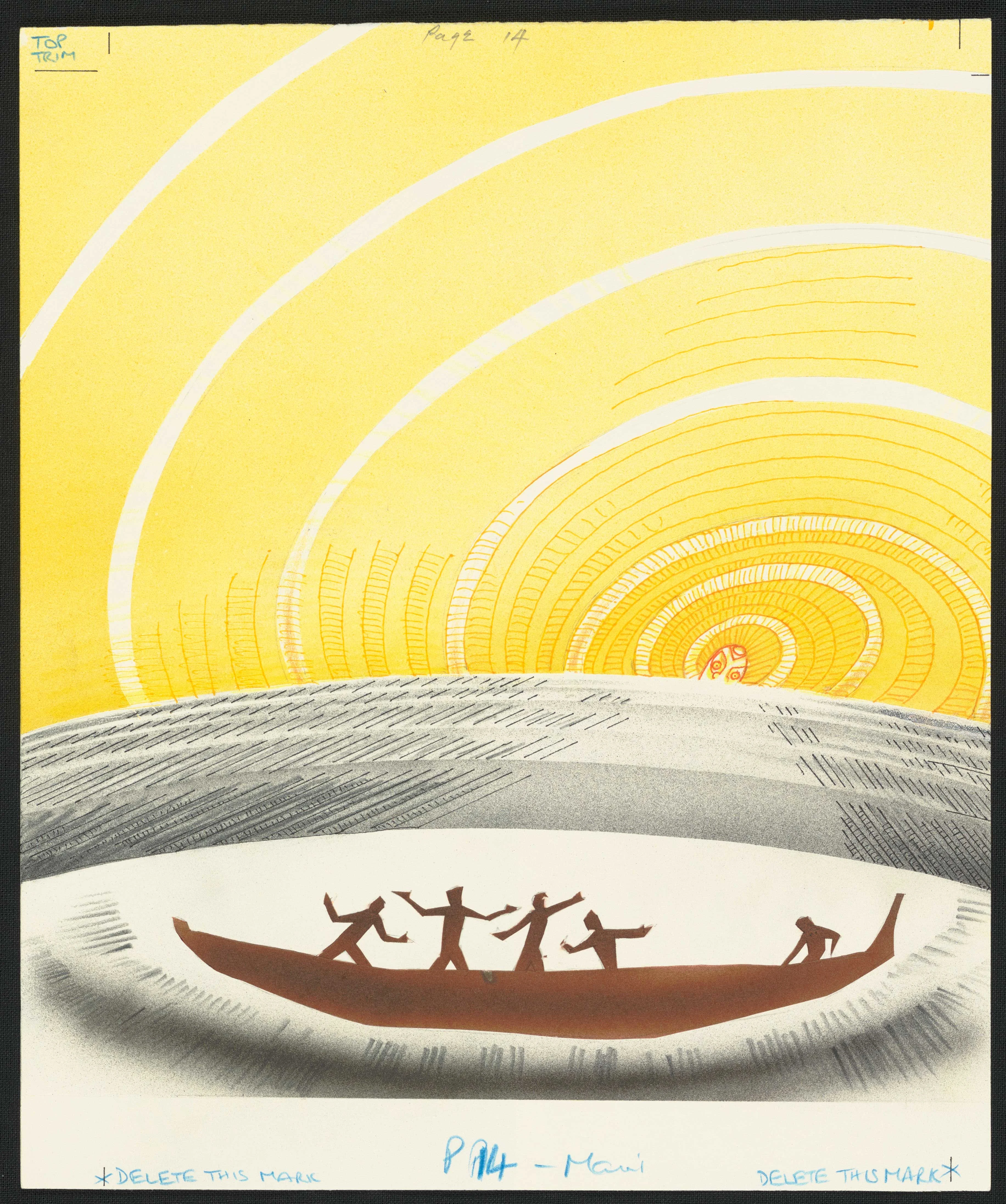 Coloured illustration of a brown boat with five men and yellow circular patterns in the background 