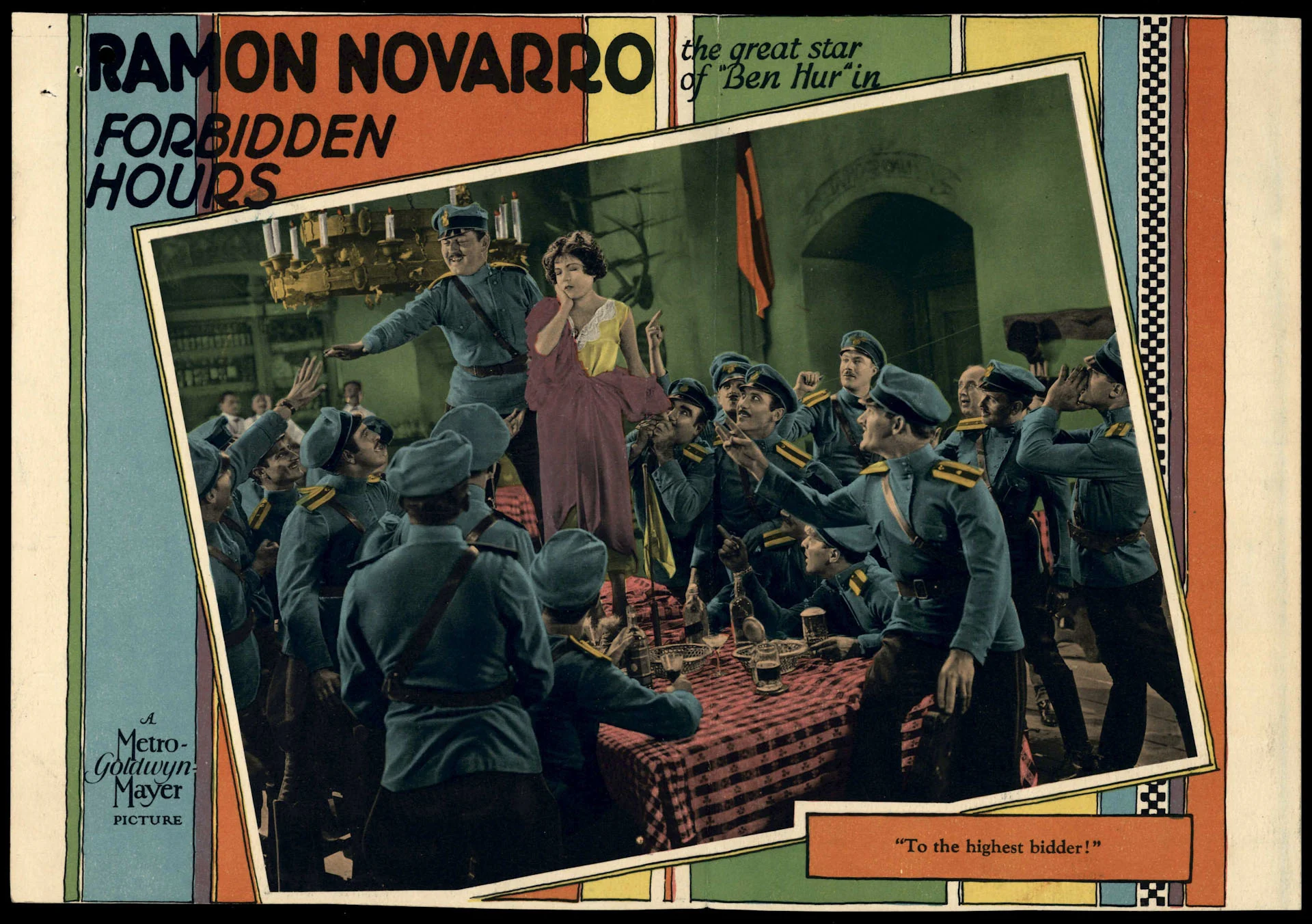 Old movie poster showing a woman standing on a table surrounded by men. The text says 'To the highest bidder!'.