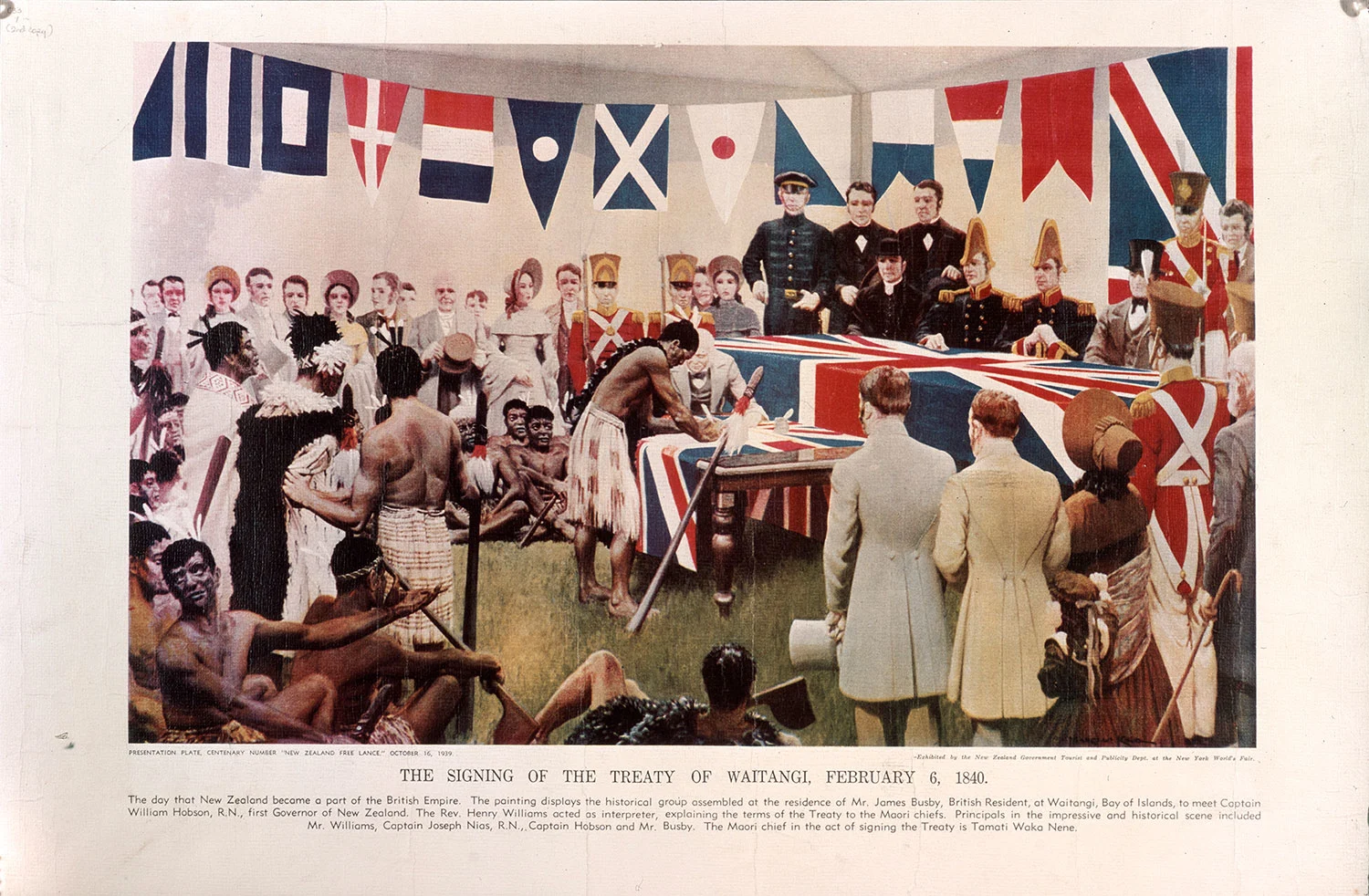 A painting of group of European and Māori people standing around a table, Flags in red, white and blue hang on the top, behind the group