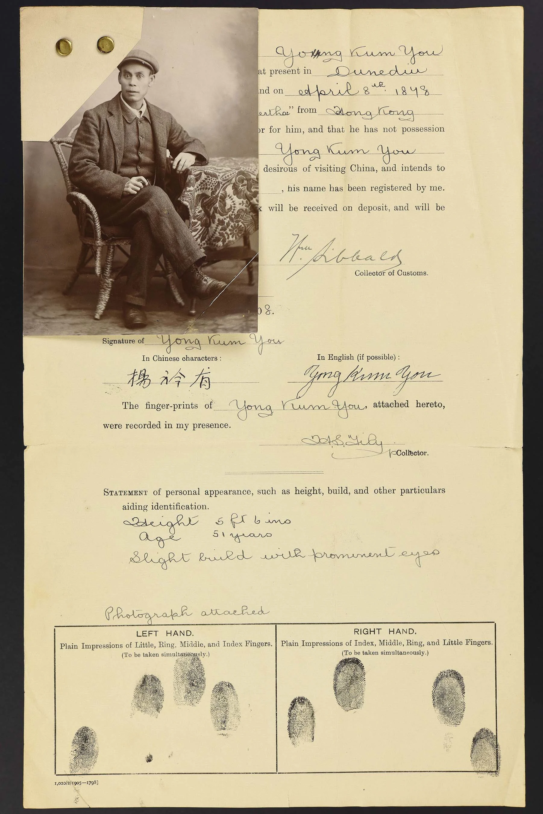 Sepia photo of a seated Chinese man attached to his immigration record.