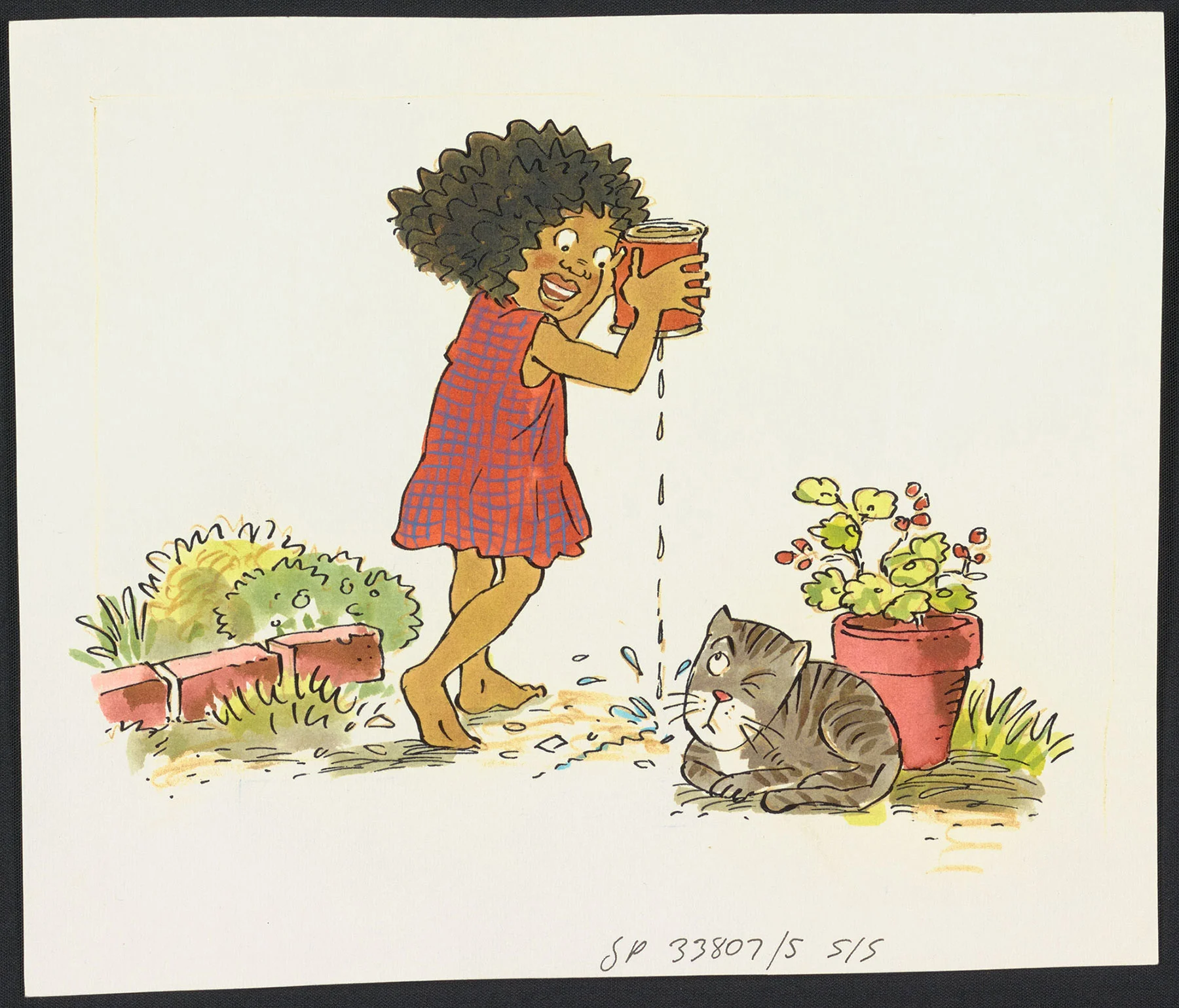 Coloured illustration of a girl with short curly hair wearing a red dress and holding a water can in her hands, a cat sits near a plant pot