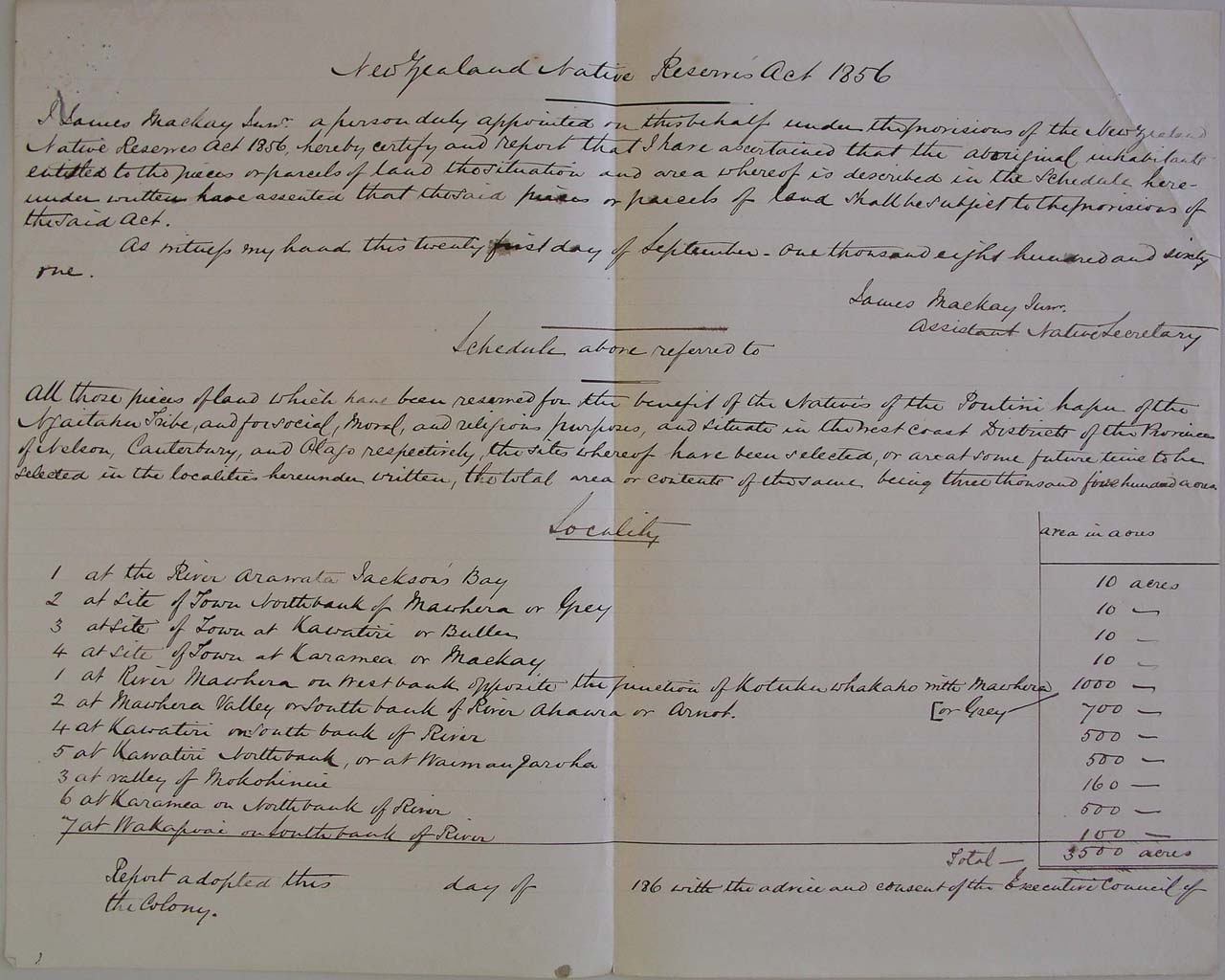 Purchases from Poutini Maoris [sic] [Lists of Reserves] - 1861