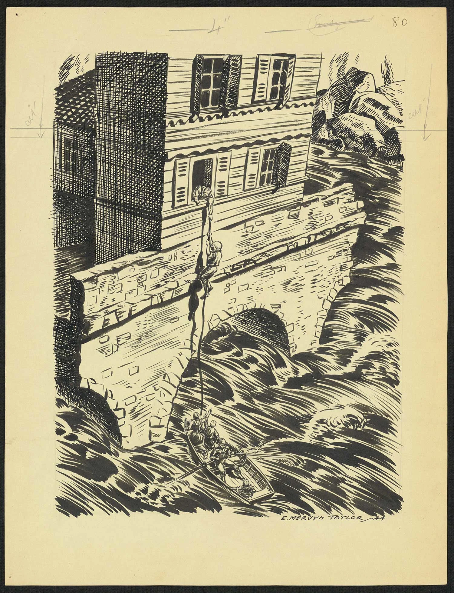 Black print on an old yellowed paper showing a man in a window of a building pulling a rope, a boy climbing the rope and a boat in the rough waters below