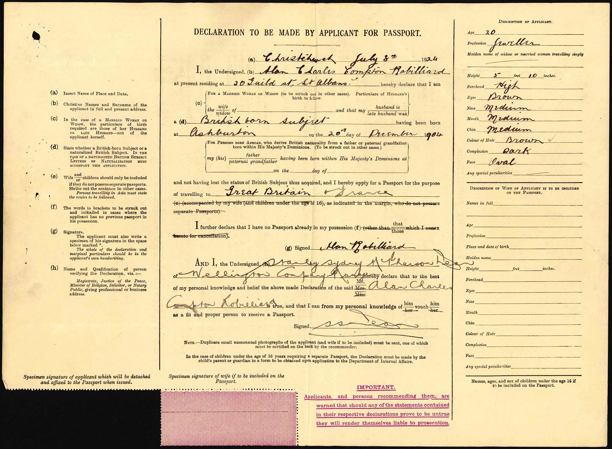 Alan Charles Compton Robilliard passport application