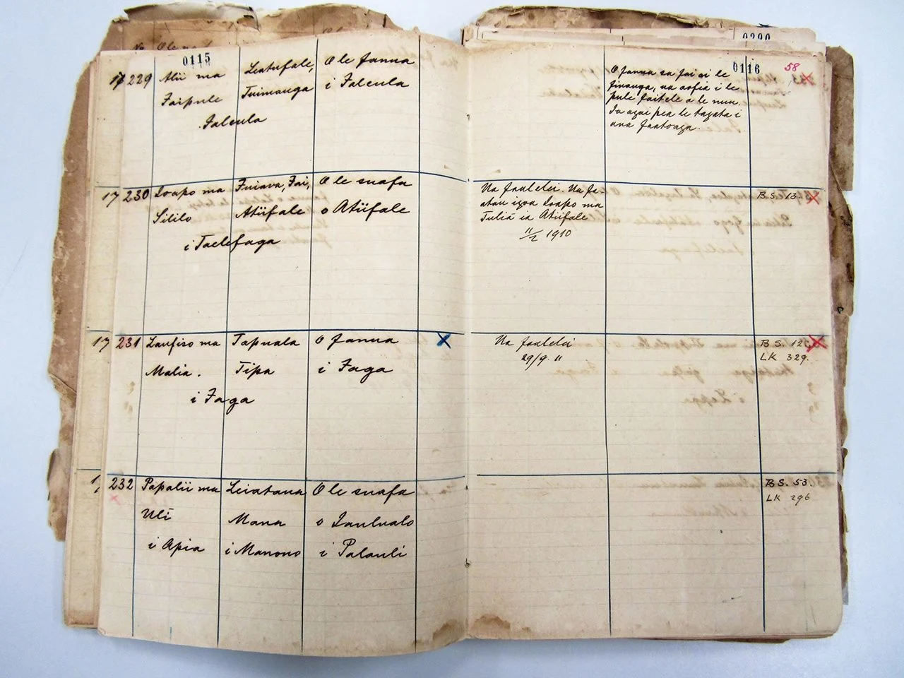 A photograph of an open register with handwritten script that is aged and frayed around the edges.