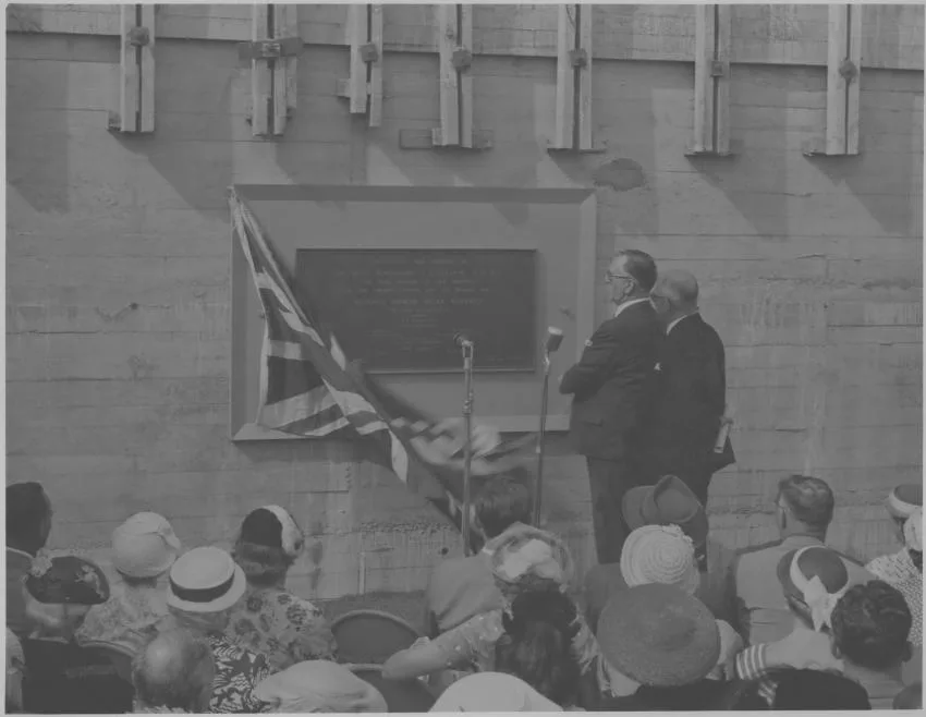 An image of Prime Minister Rt Hon Sydney Holland unveiling the foundation stone.