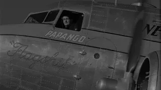 Black and white photo of a airplane with the words Papango written on the front and a person in the window.