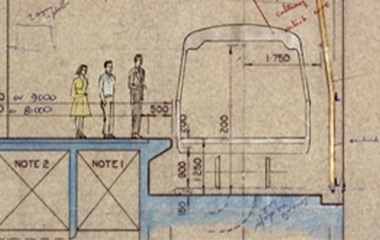 A section of preliminary plans for an Auckland underground station, showing a cross section of the platform and train.