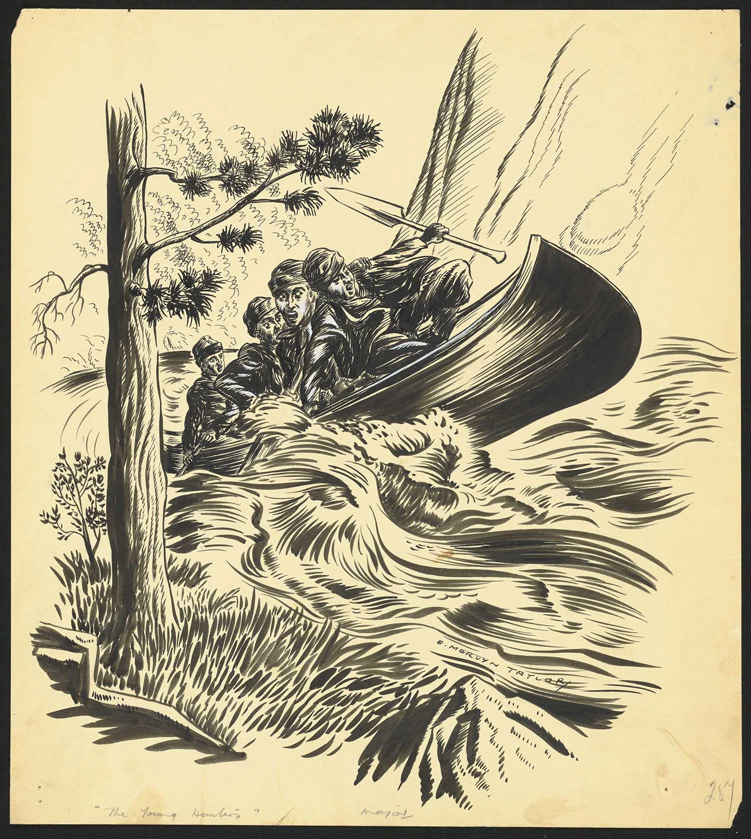 Black print on an old yellowed paper showing a group of people in a boat in a stormy sea