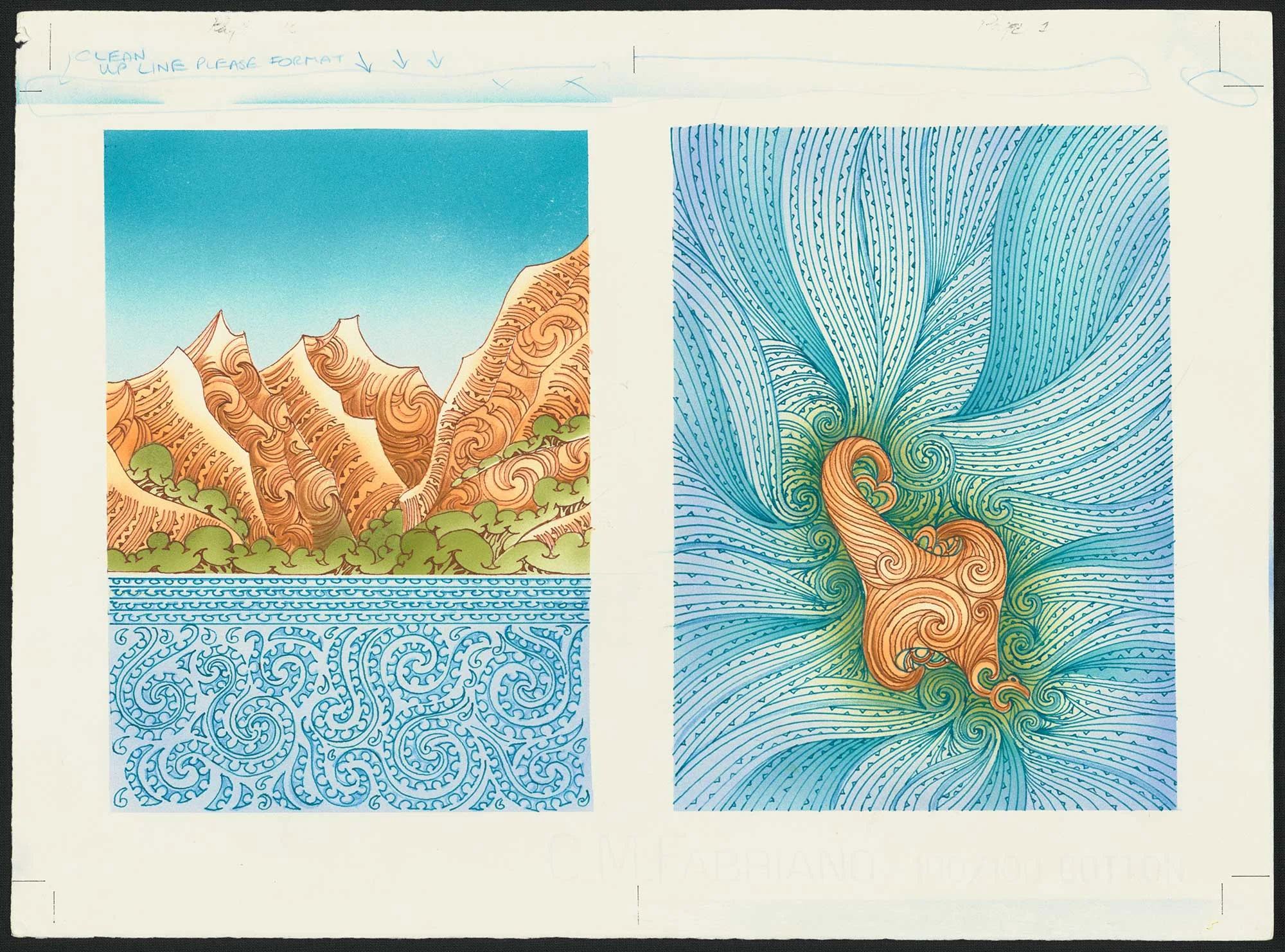 Two coloured illustrations side by side, with blue sky and orange mountains and circular patterns at the bottom and on the right orange and blue circular patterns 