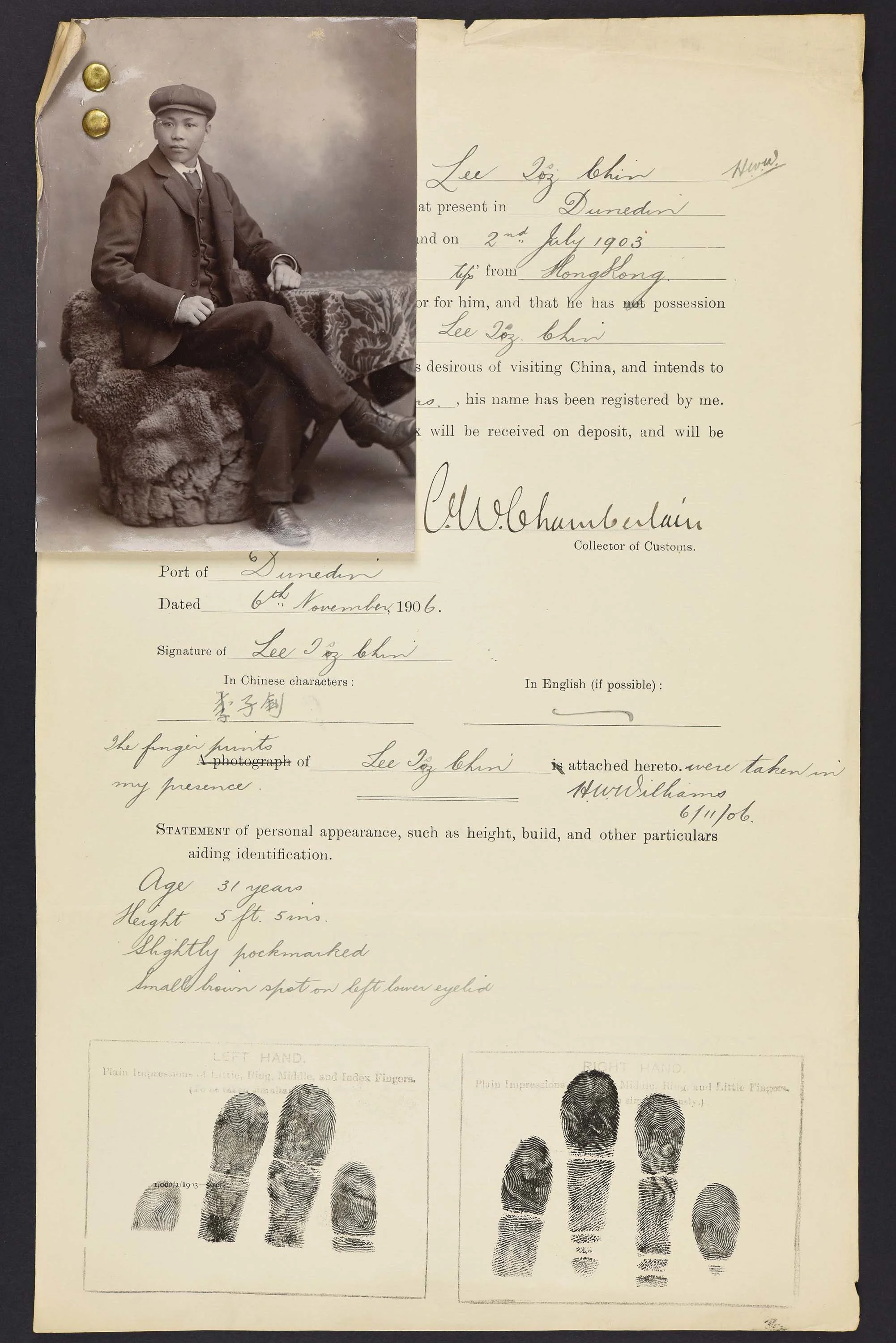 Sepia photo of a seated Chinese man attached to his immigration record.