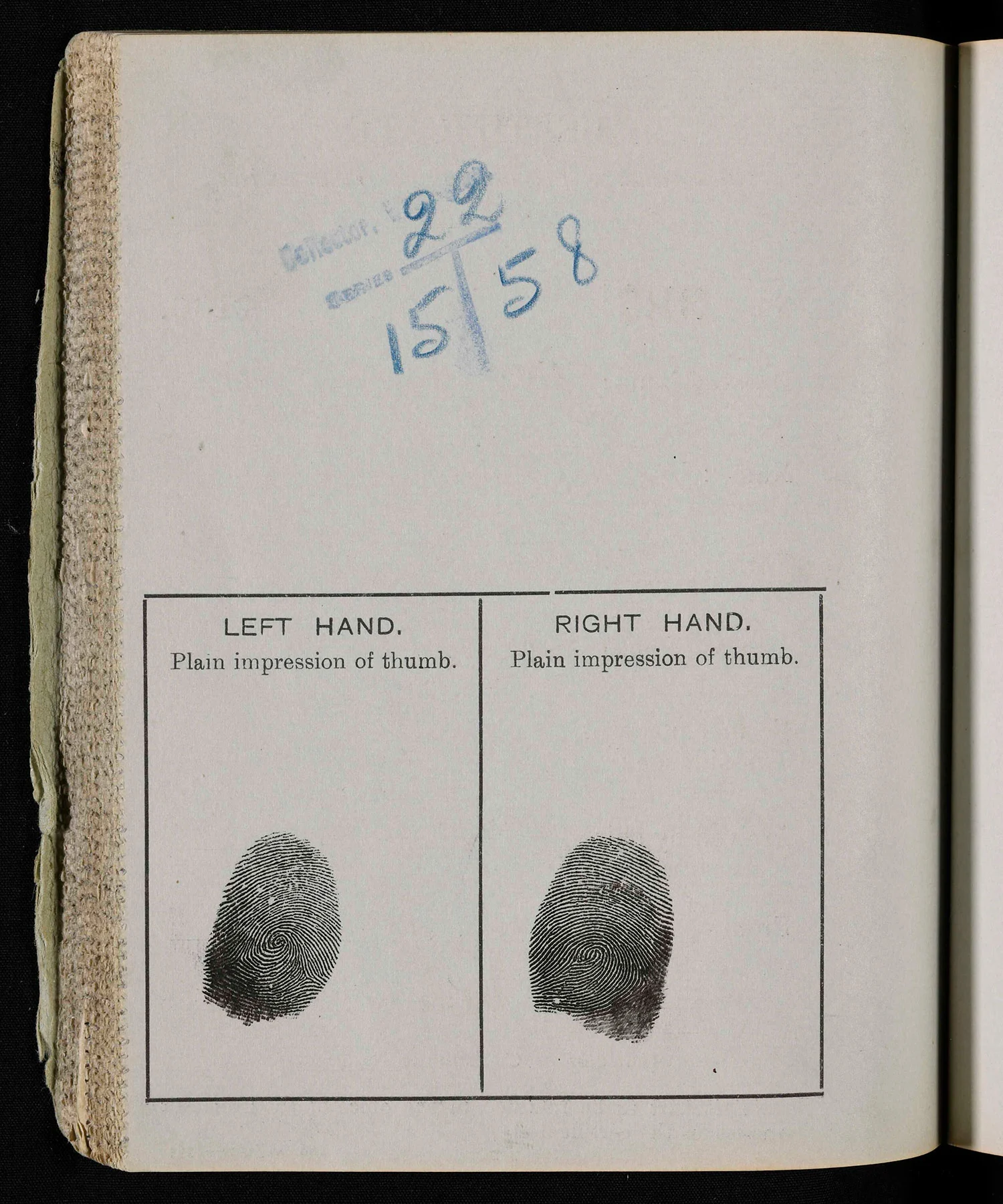 Two thumb prints under handwritten titles 'Left hand' and 'Right hand' with date written in blue on the top, on yellowed old paper