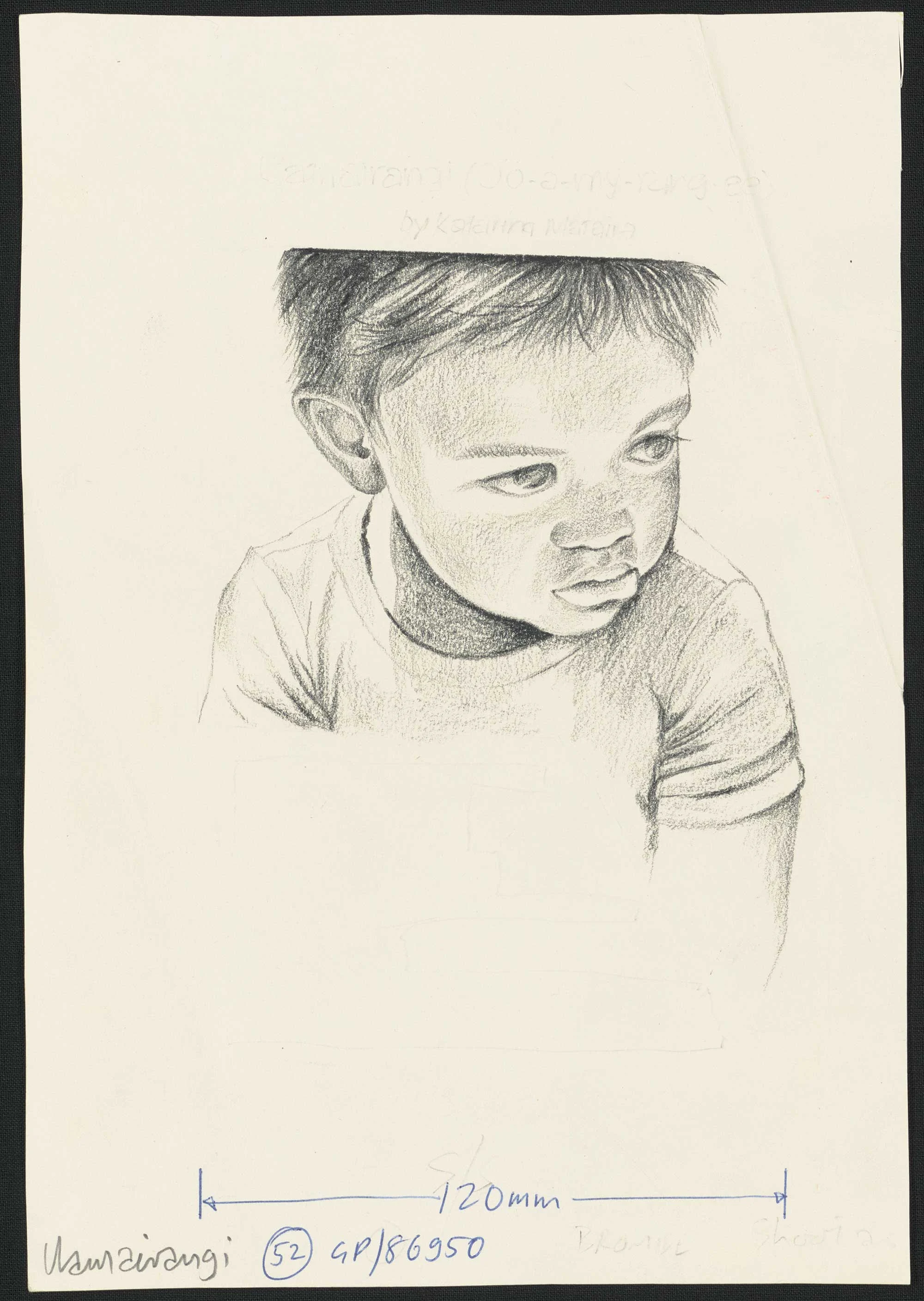 Pencil sketch of a young boy gazing to the left on an old yellowed paper