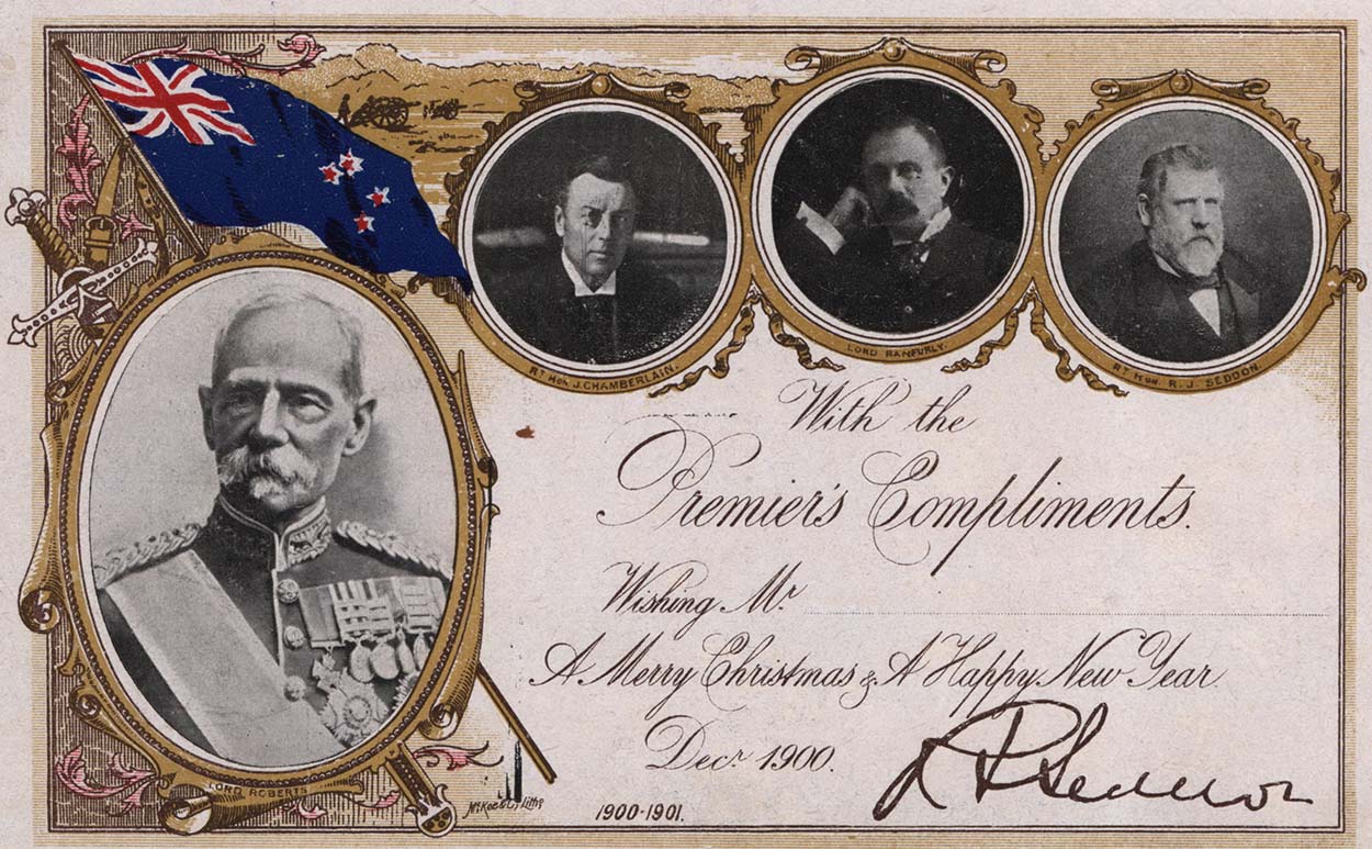 Card with photos of four men, including Seddon, Lord Roberts, Right Hon. J Chamberlain and Lord Ranfurly