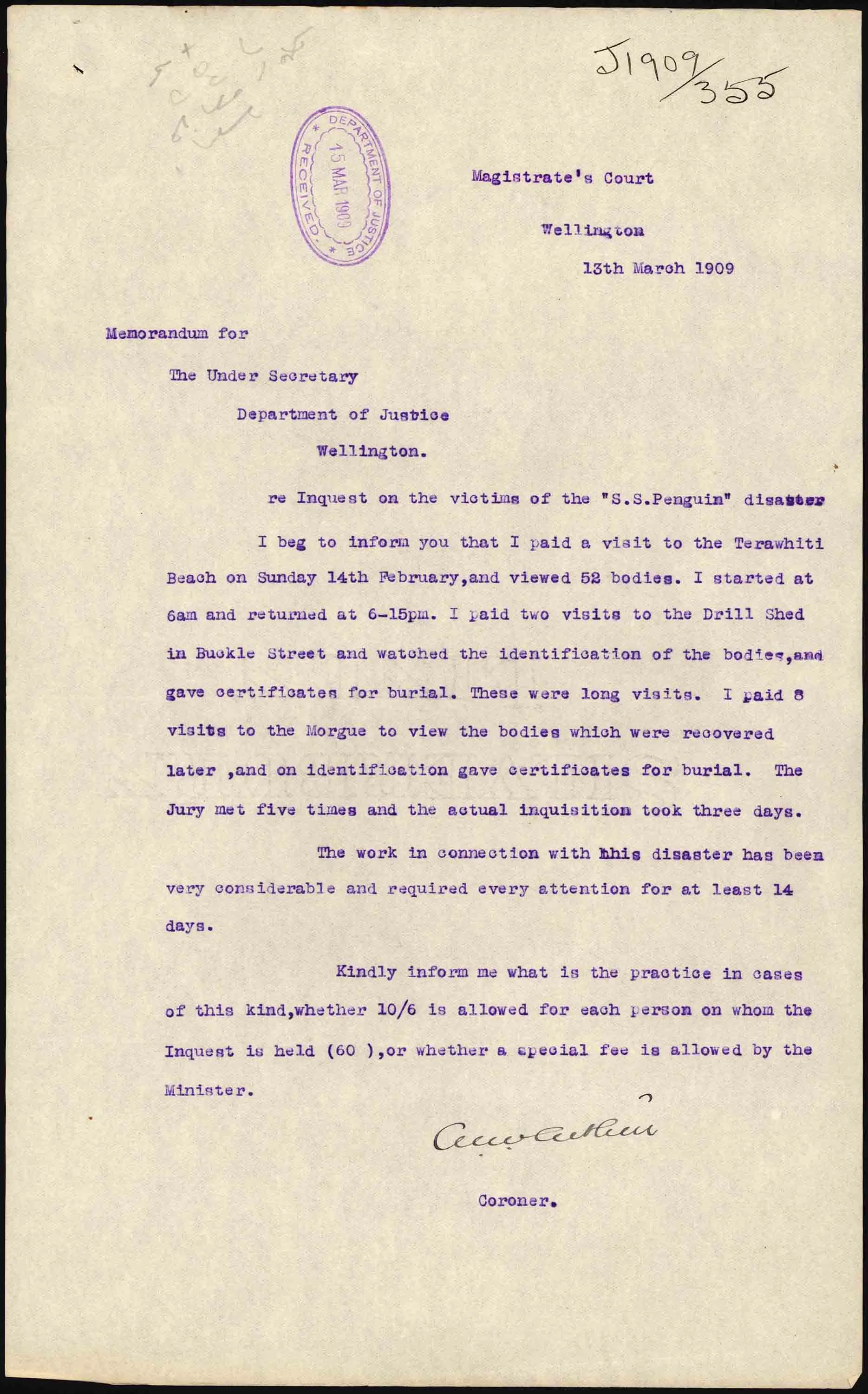 Coroner's request for special fee