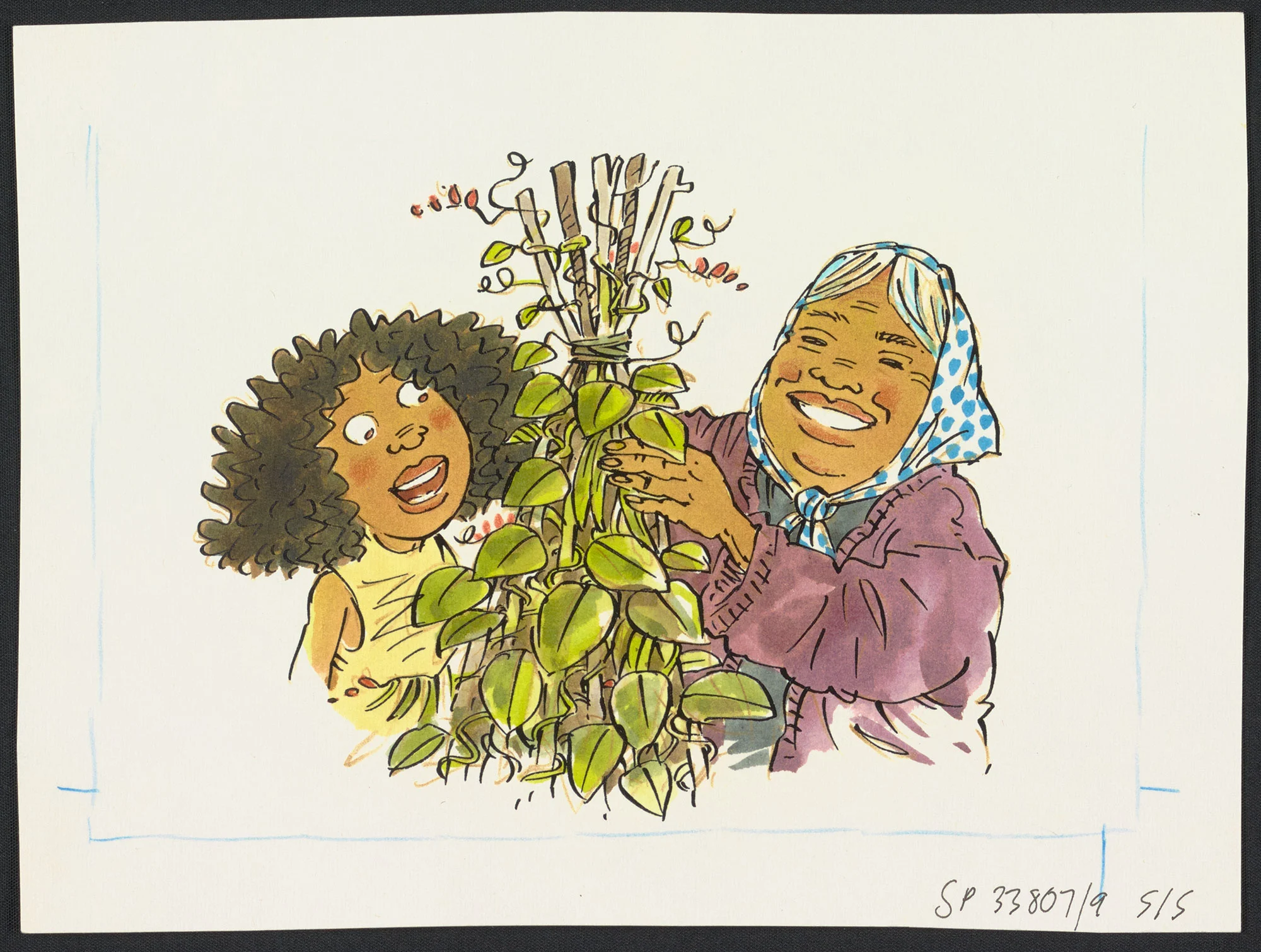 Coloured illustration of an old woman wearing a blue scarf and a girl with short curly hair, both standing beside a tree