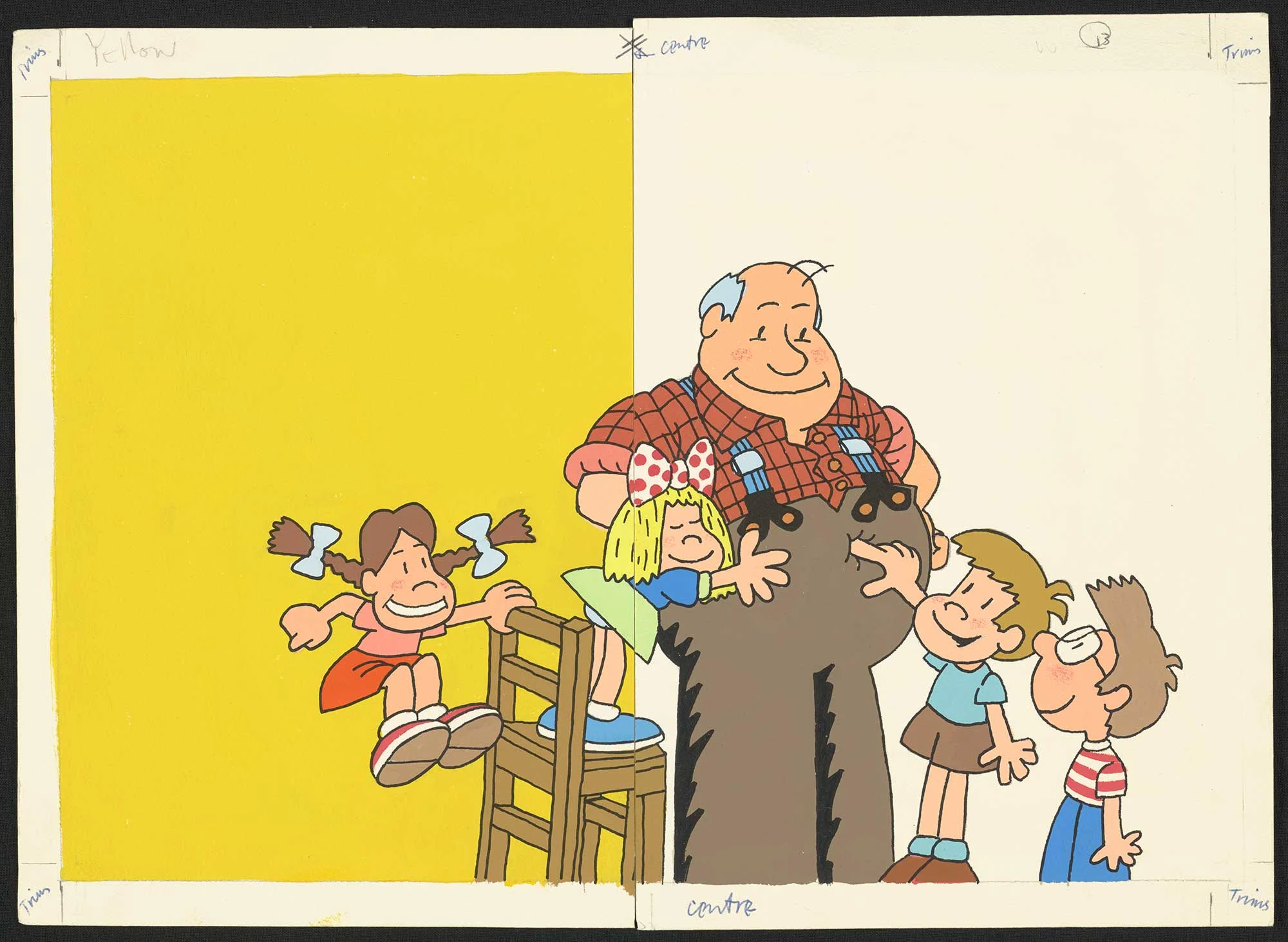 Coloured illustration of an old man standing, one girl standing on a chair and hugging him, a girl holding the chair and jumping and two kids stand on the right