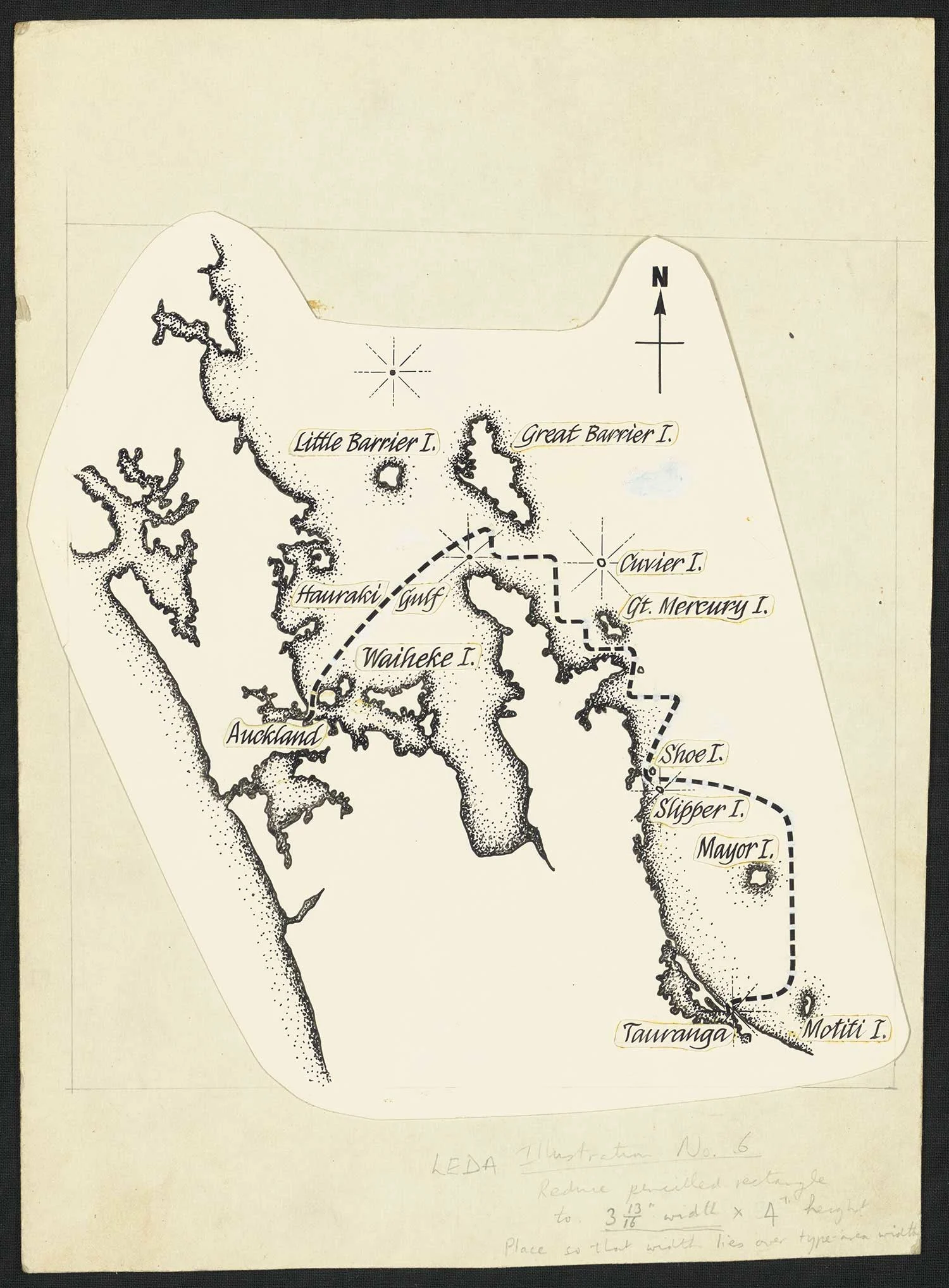  Black print on an old yellowed paper showing a map of the North Island 