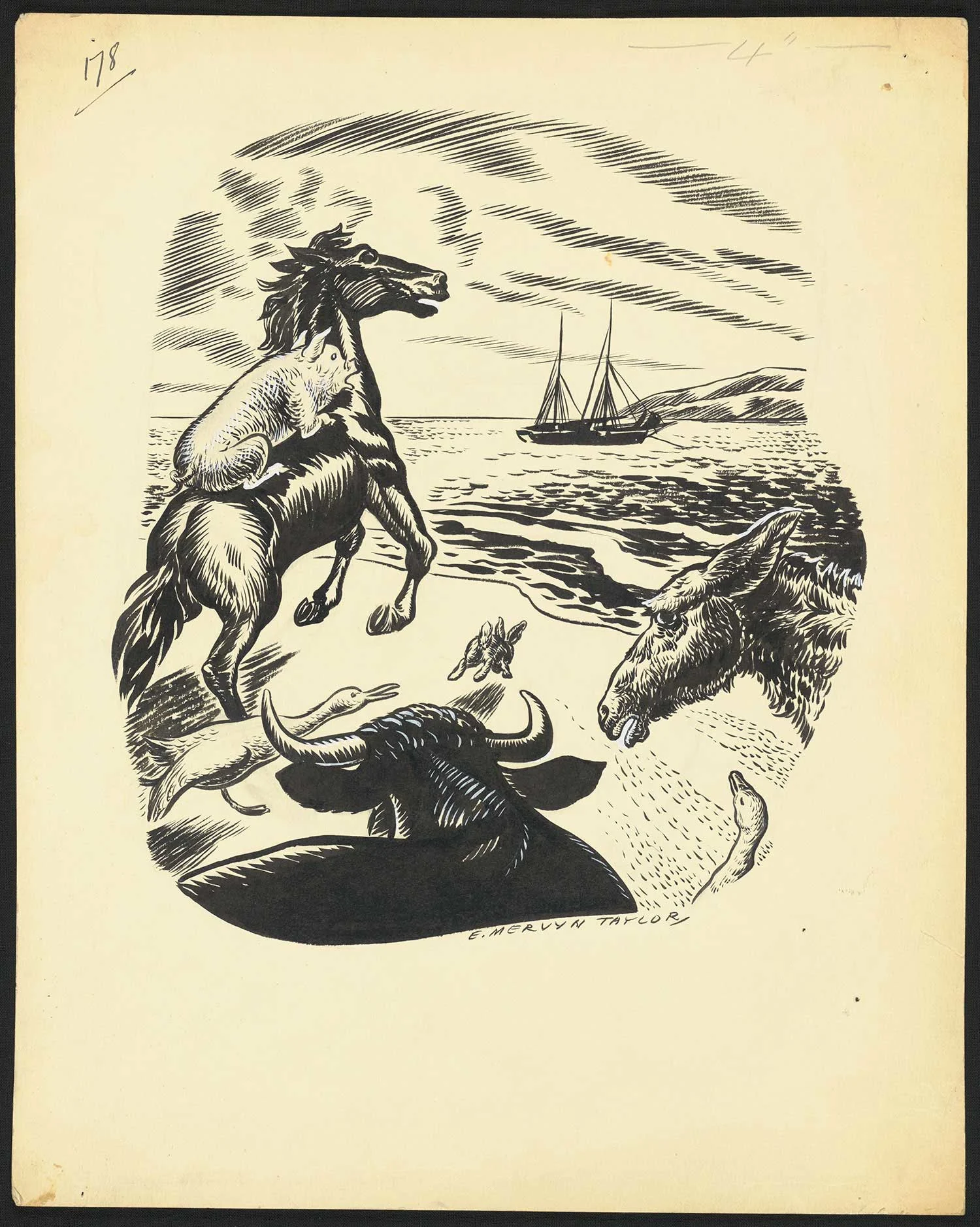 Black print on an old yellowed paper showing animals such as a horse, a pig, a donkey, and birds looking at a boat in the sea.