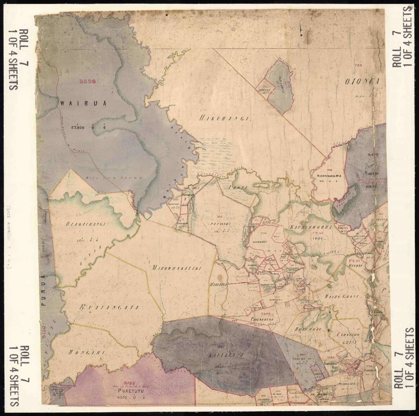 An old map with areas marked with faded grey and purple colours, place names written in black colour