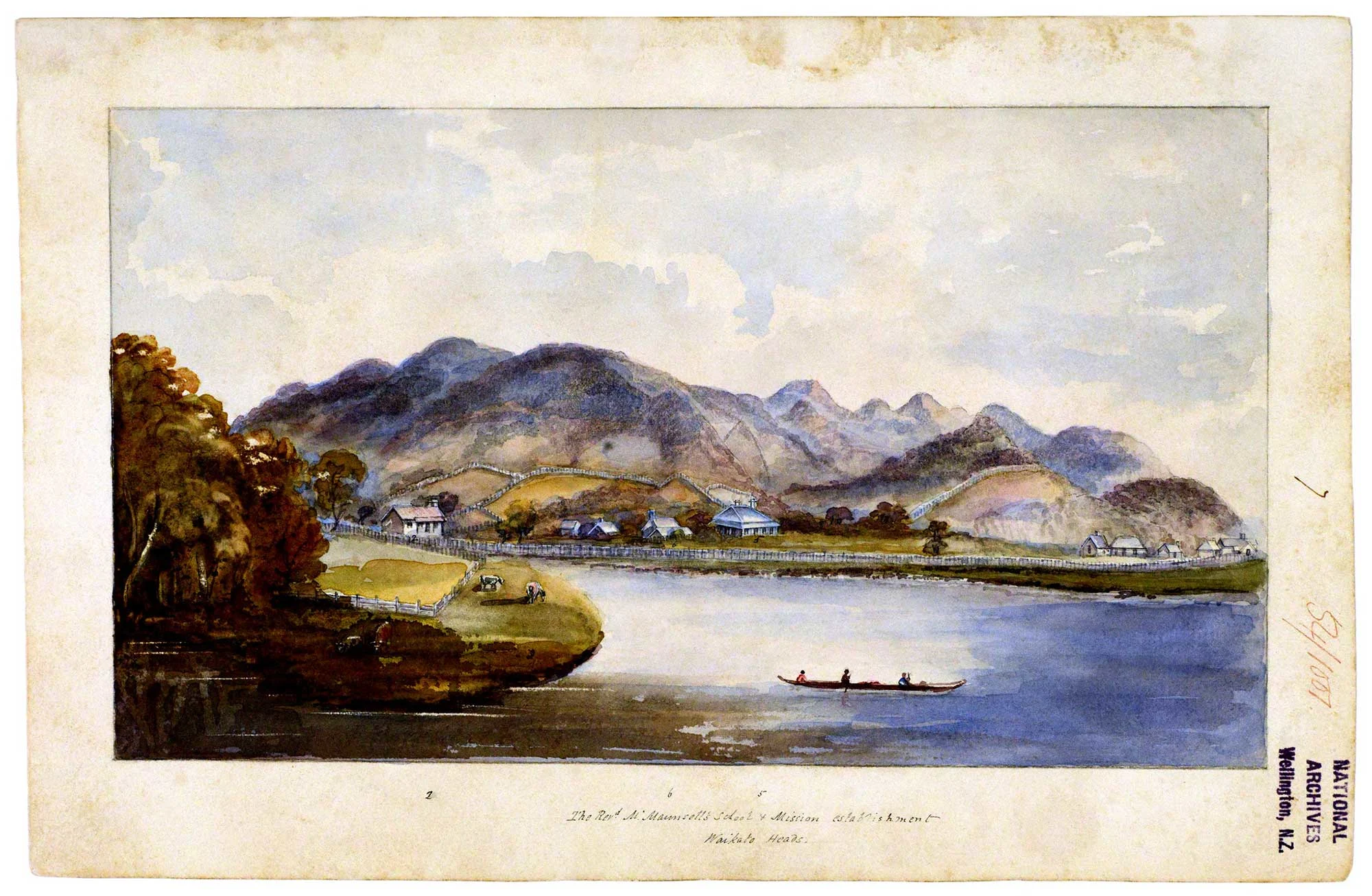 A watercolour painting houses sitting upon the waterfront, with large mountains behind. A waka can be seen floating in the water.