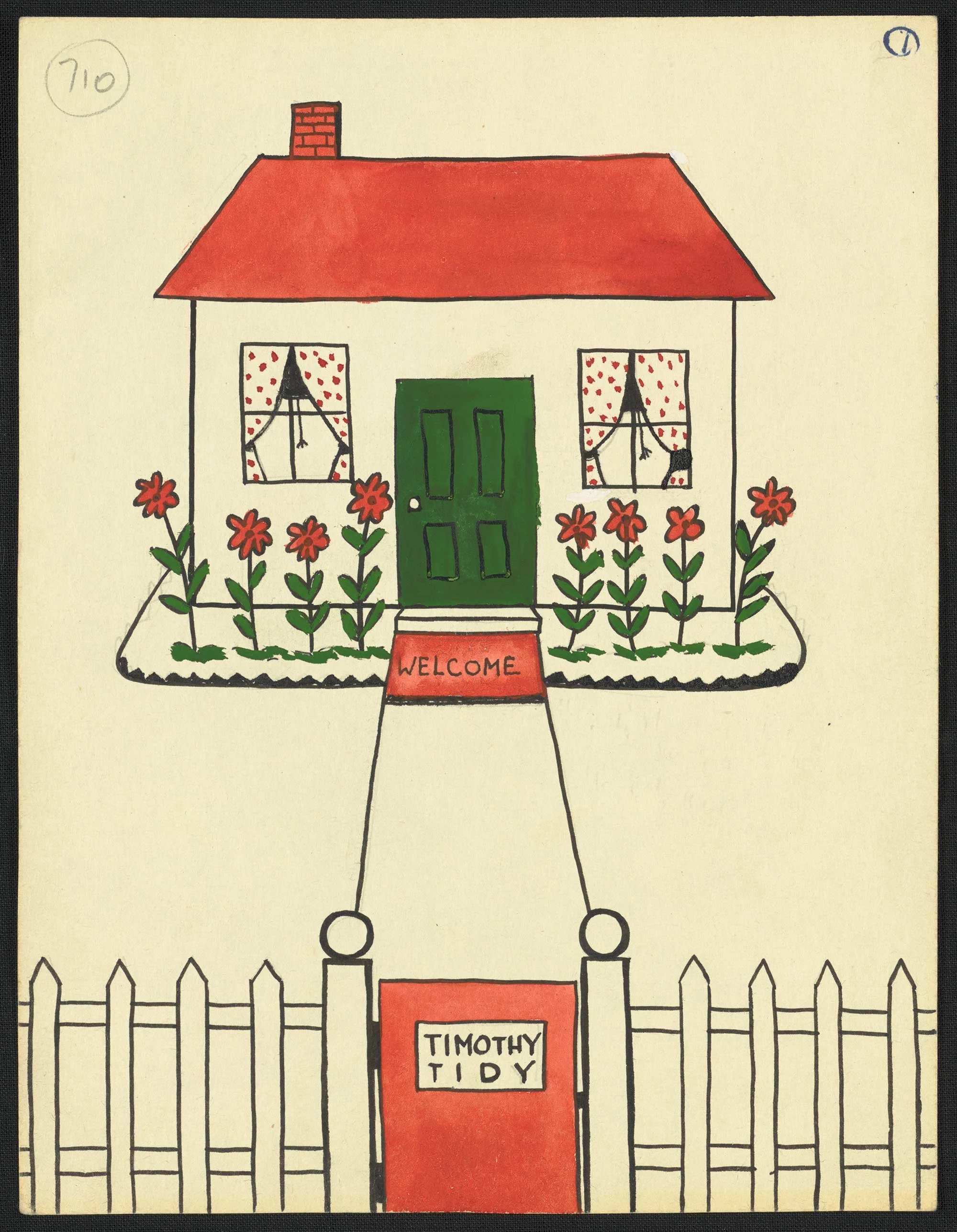 An illustration of a house with red roof, a green door and a red fence with a row red flowers in the front yard