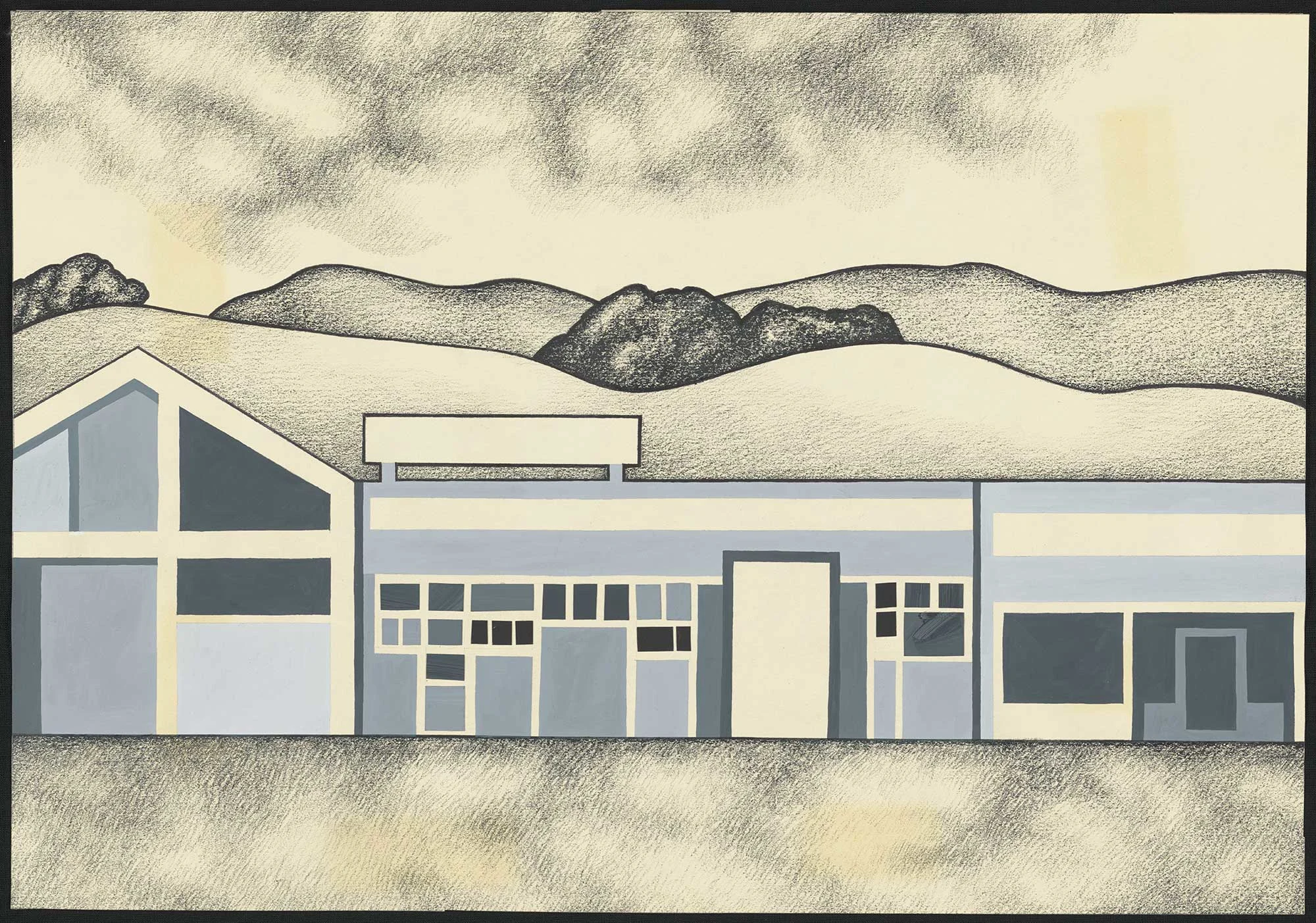 Illustration of a simplified landscape showing a building with blue and grey shades in the front and grey mountains in the background
