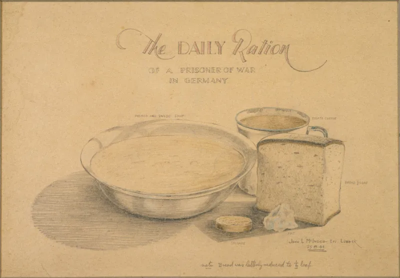 Drawing of a bowl of potato and swede soup, a mug of coffee, one fifth of a loaf of bread, a slice of sausage and some fat. There is a note at the bottom of the image that reads "note, bread was latterly reduced to one sixth of a loaf". 