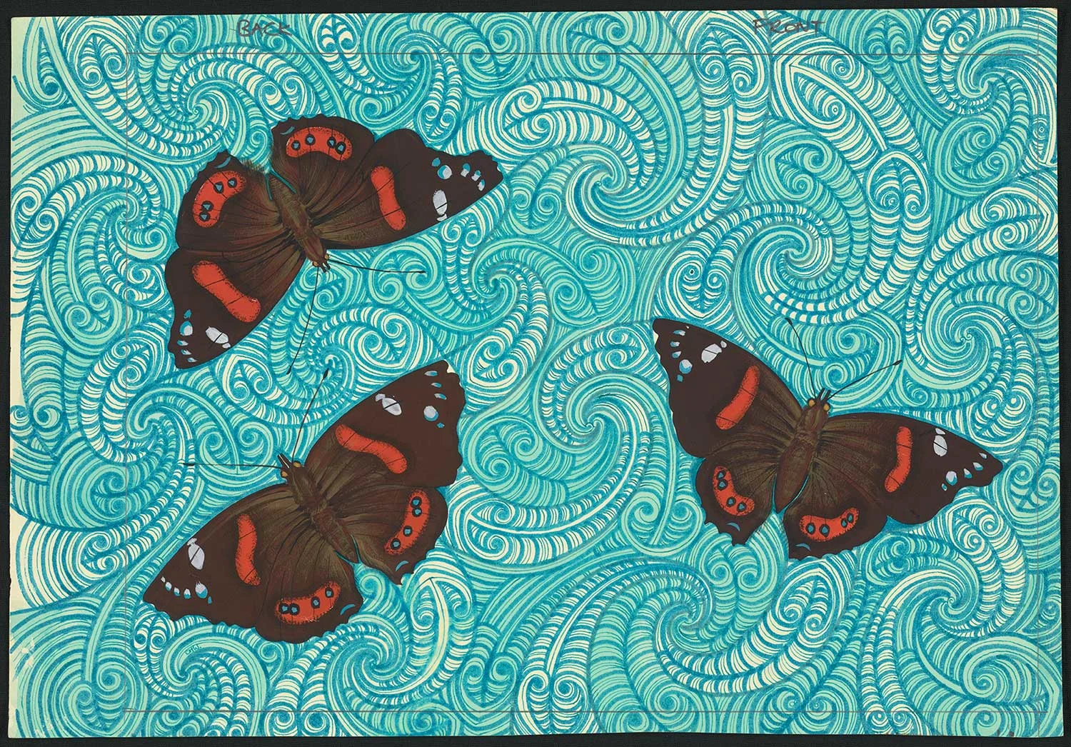 Coloured illustration of three black and orange moths on a background of blue circular patterns